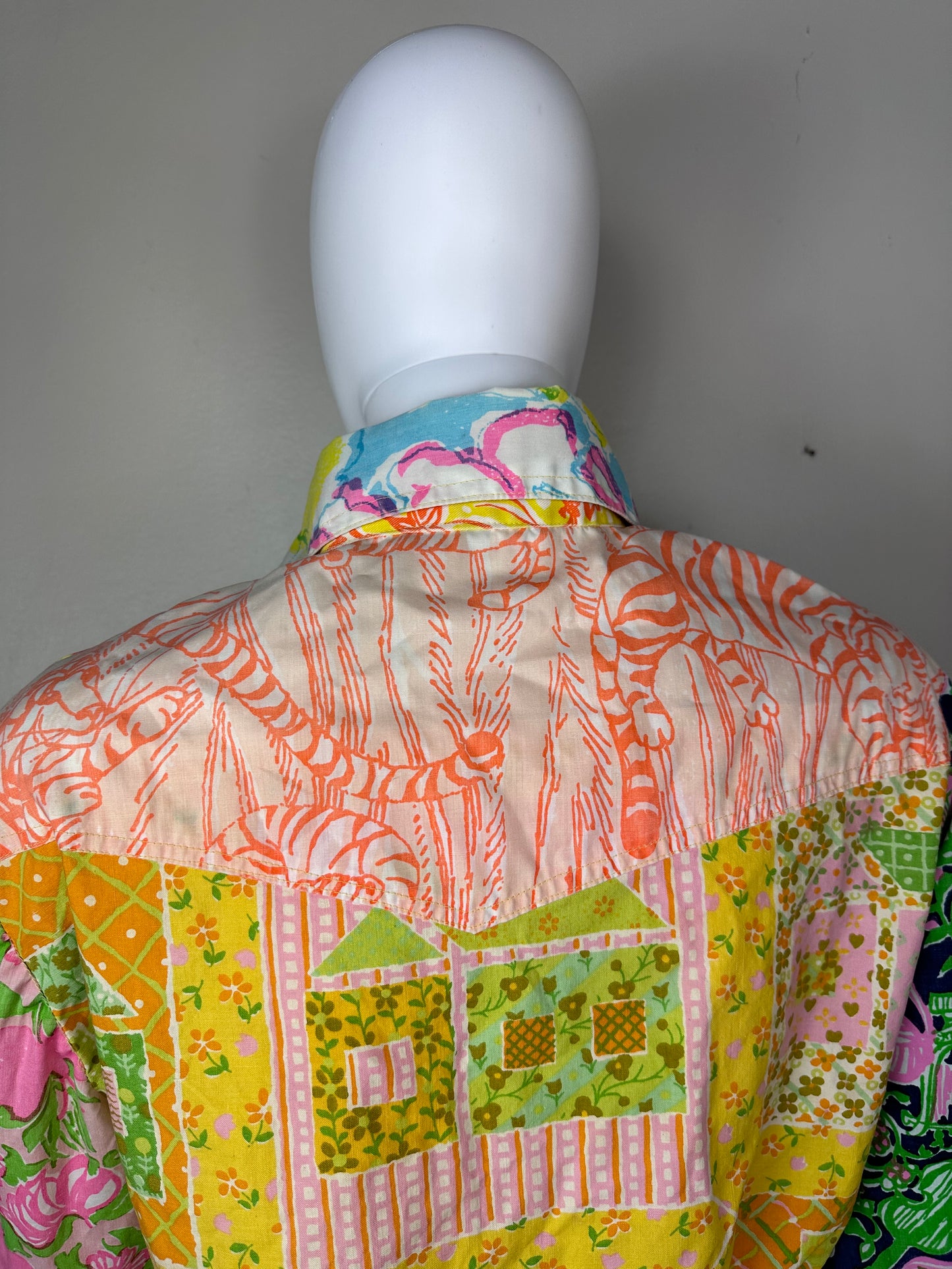 1970s Handmade Mixed Print Western Shirt, Size Medium, Vintage Lilly Pulitzer Fabric