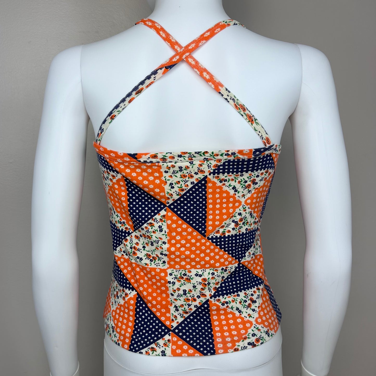 1970s Orange Floral Patchwork Print Tank Top, Size XS