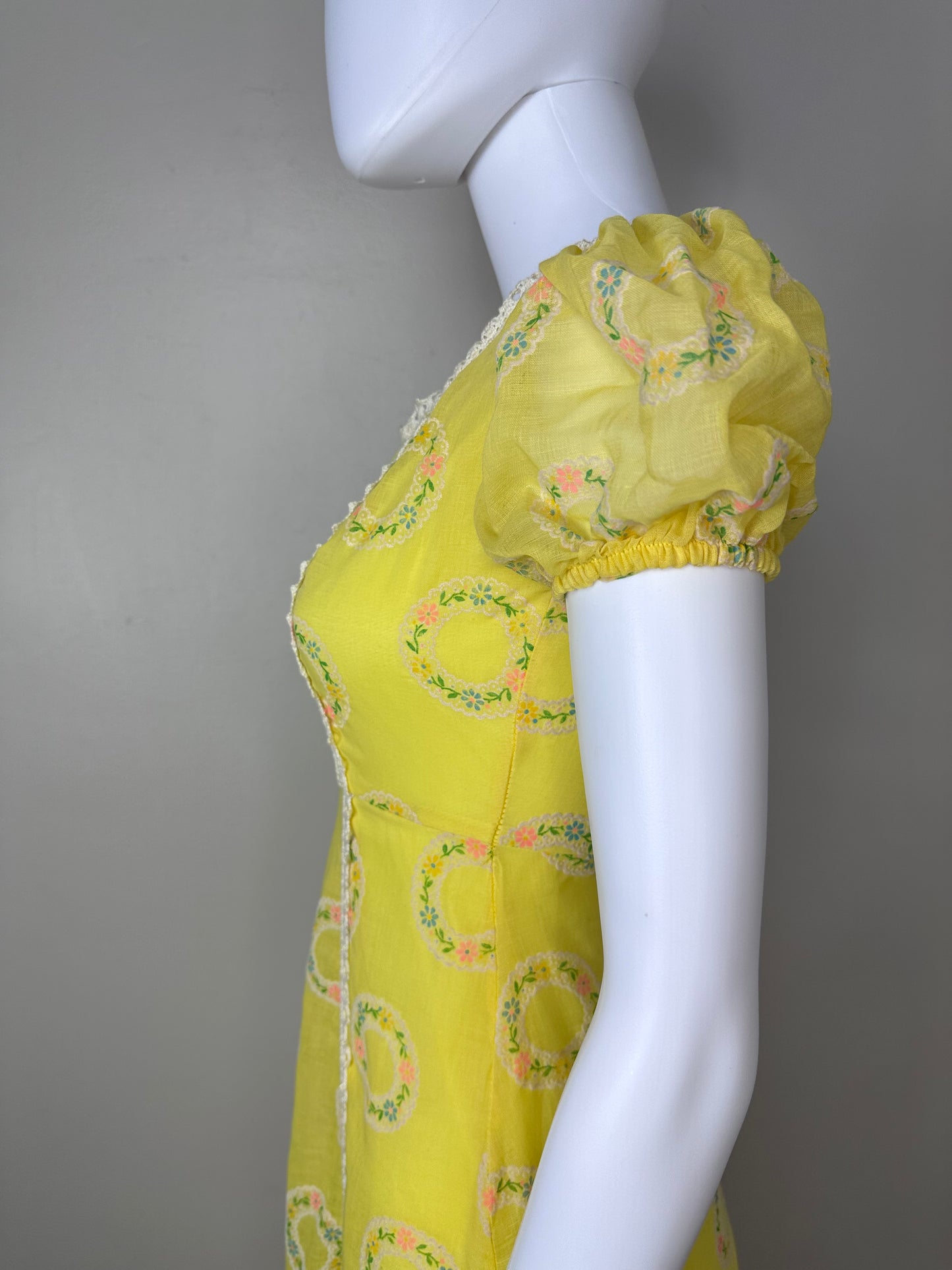 1970s Yellow Sheer Flocked Floral Maxi Dress, JCPenney Fashions, Prairie Dress