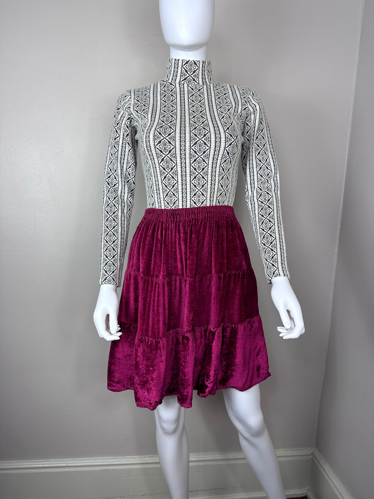 1990s Red Velvet Tiered Skirt, Nouveau Faces Size XS-Large