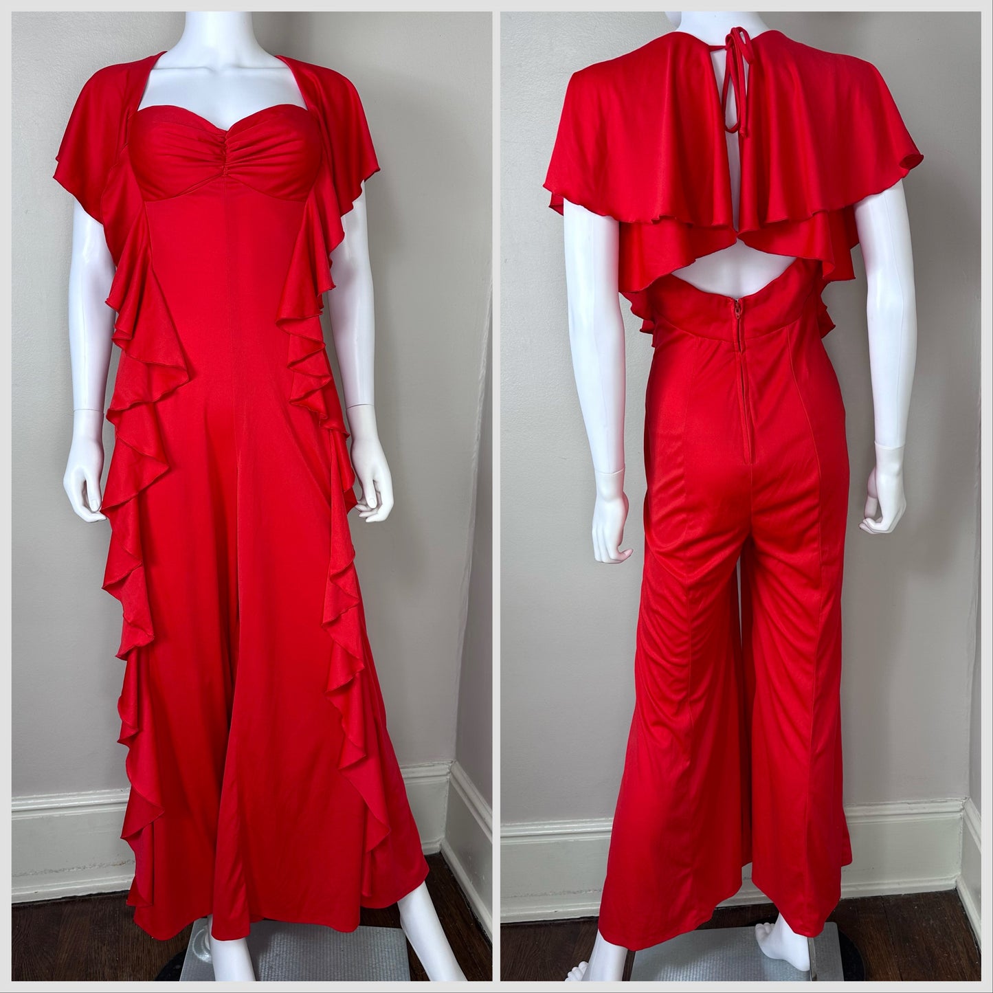 1970s Red Bellbottom Jumpsuit with Ruffles, Jack Hartley Size Small-Medium