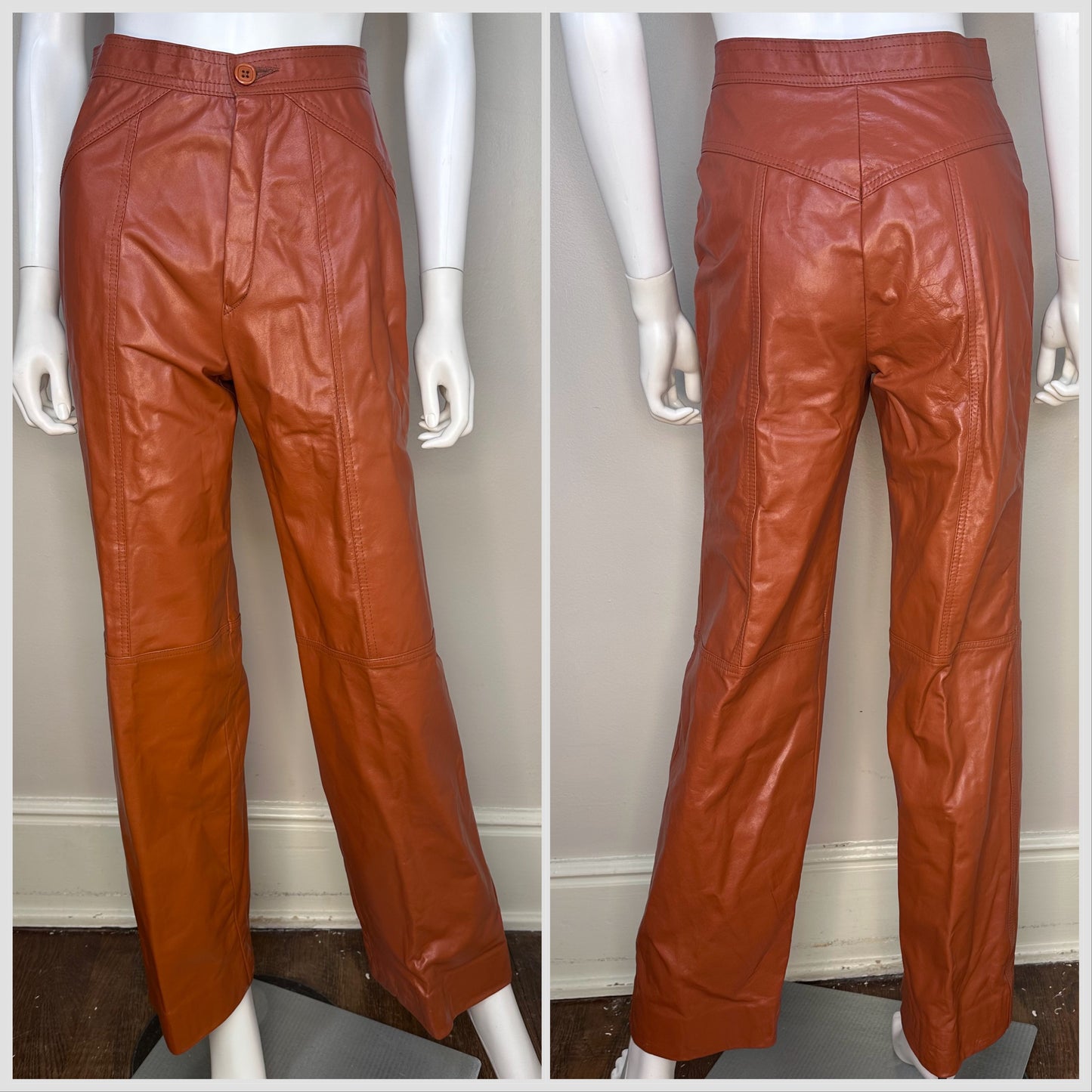1970s Women’s Brown Leather Three Piece Pant Suit, Margaret Godfrey for Bagatelle Size XS, Blazer Vest Pants