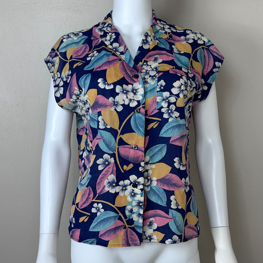1970s/80s Sleeveless Tropical Floral Blouse, Size Large