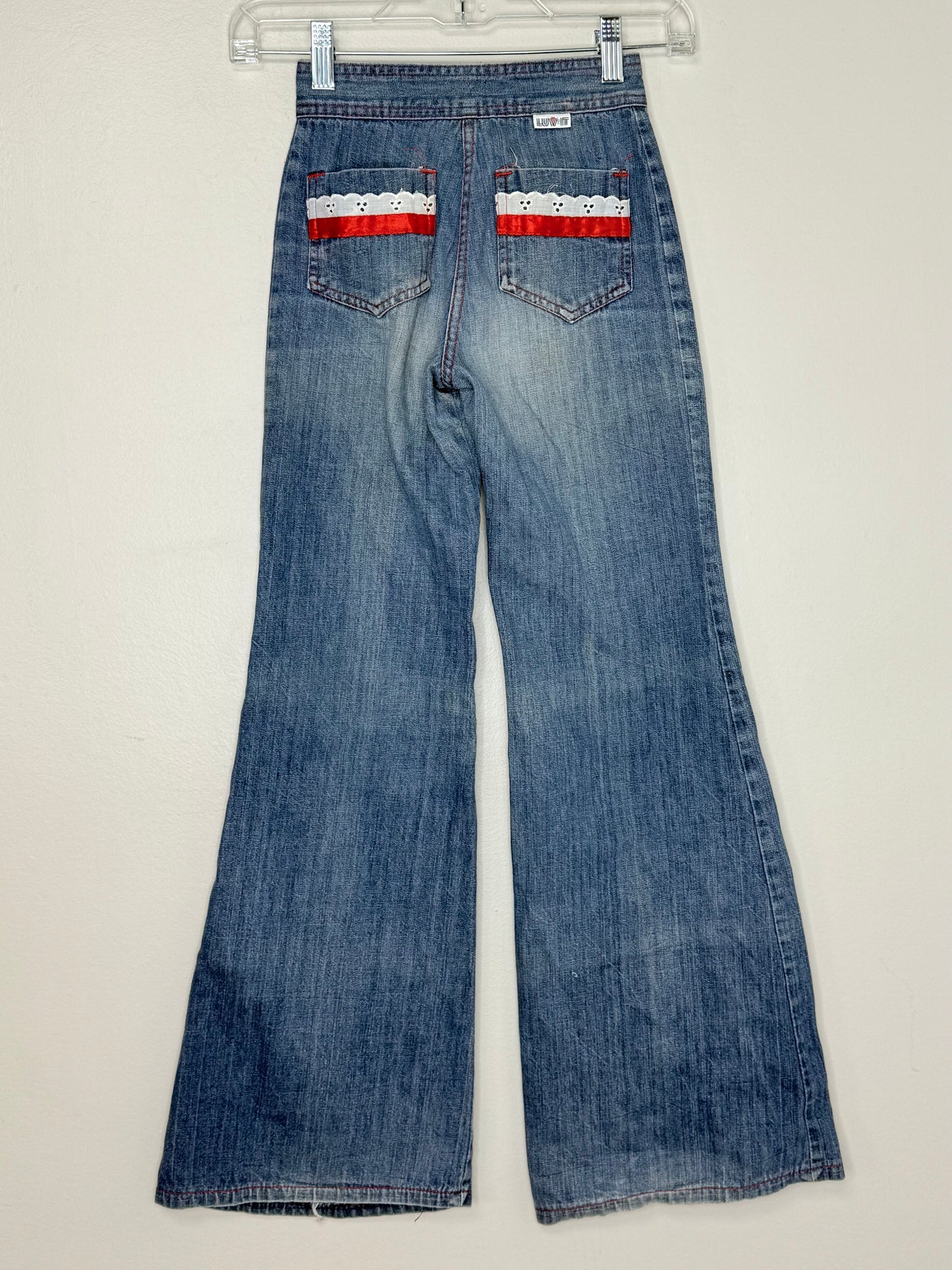 1970s Kids Bellbottom Blue Jeans with Ribbon and Lace Pockets, Luv It Size 8 Slim