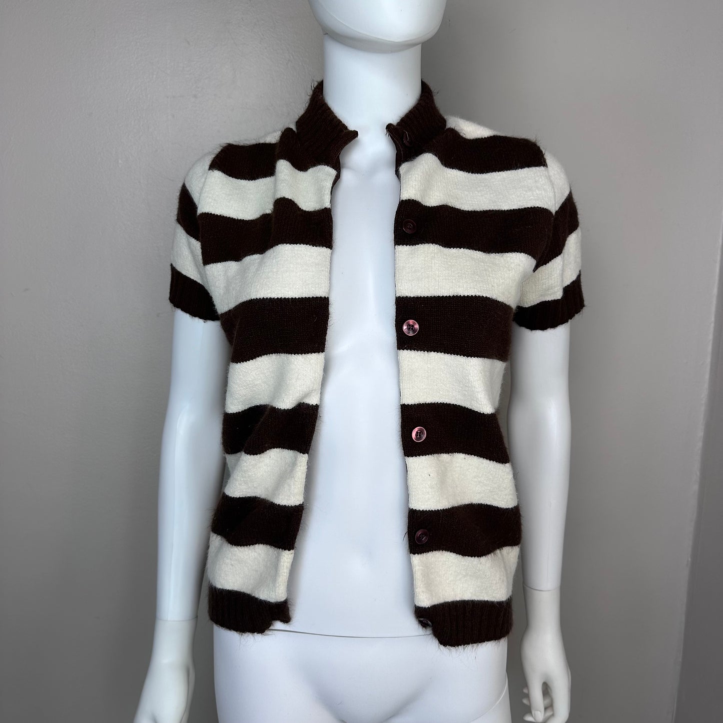 1970s/80s Brown and White Stripe Short Sleeve Cardigan Sweater, Alberoy Size Small