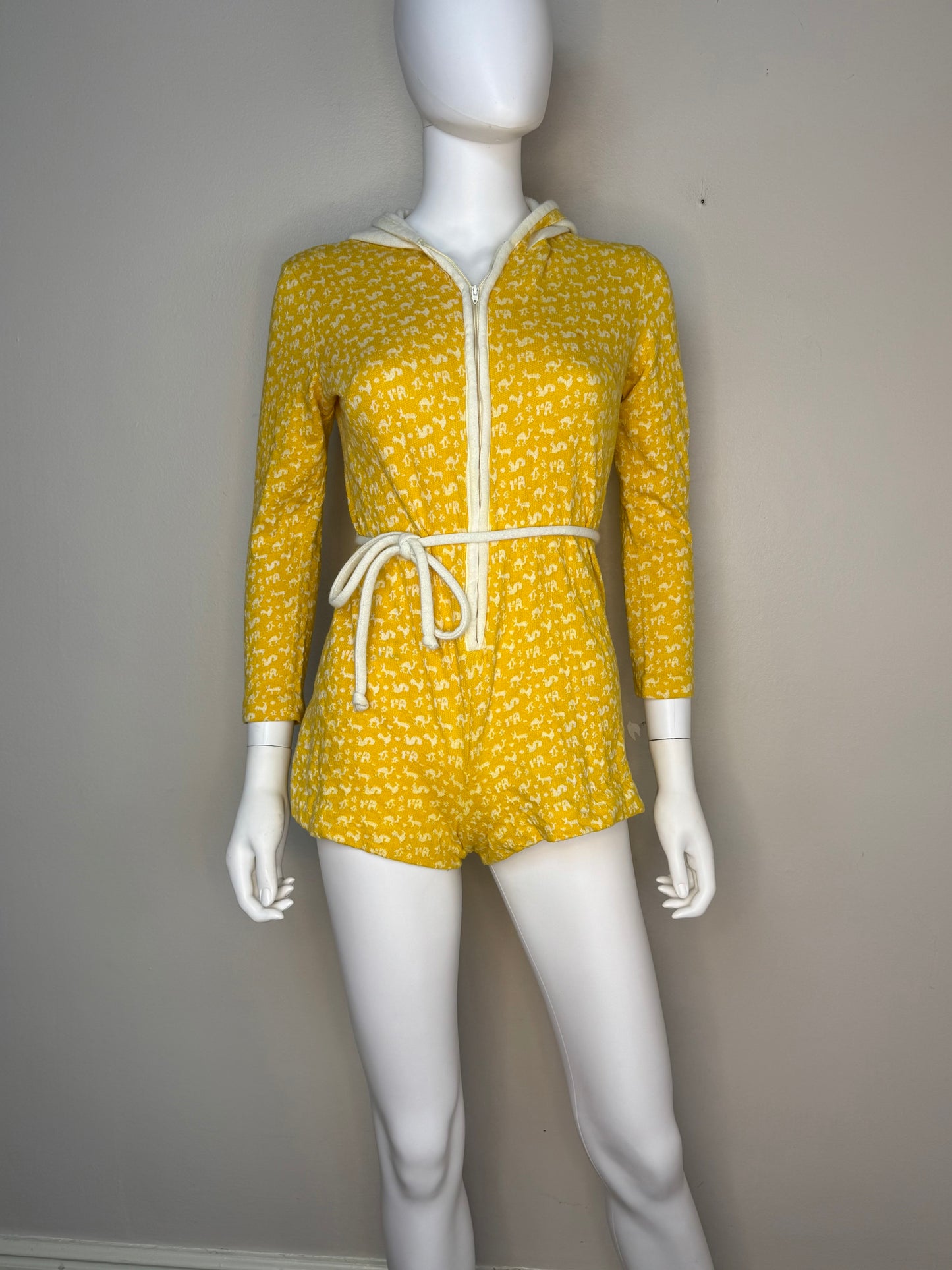 1970s Yellow Knit Animal Hooded Romper, Misty Lane Size Small-Medium