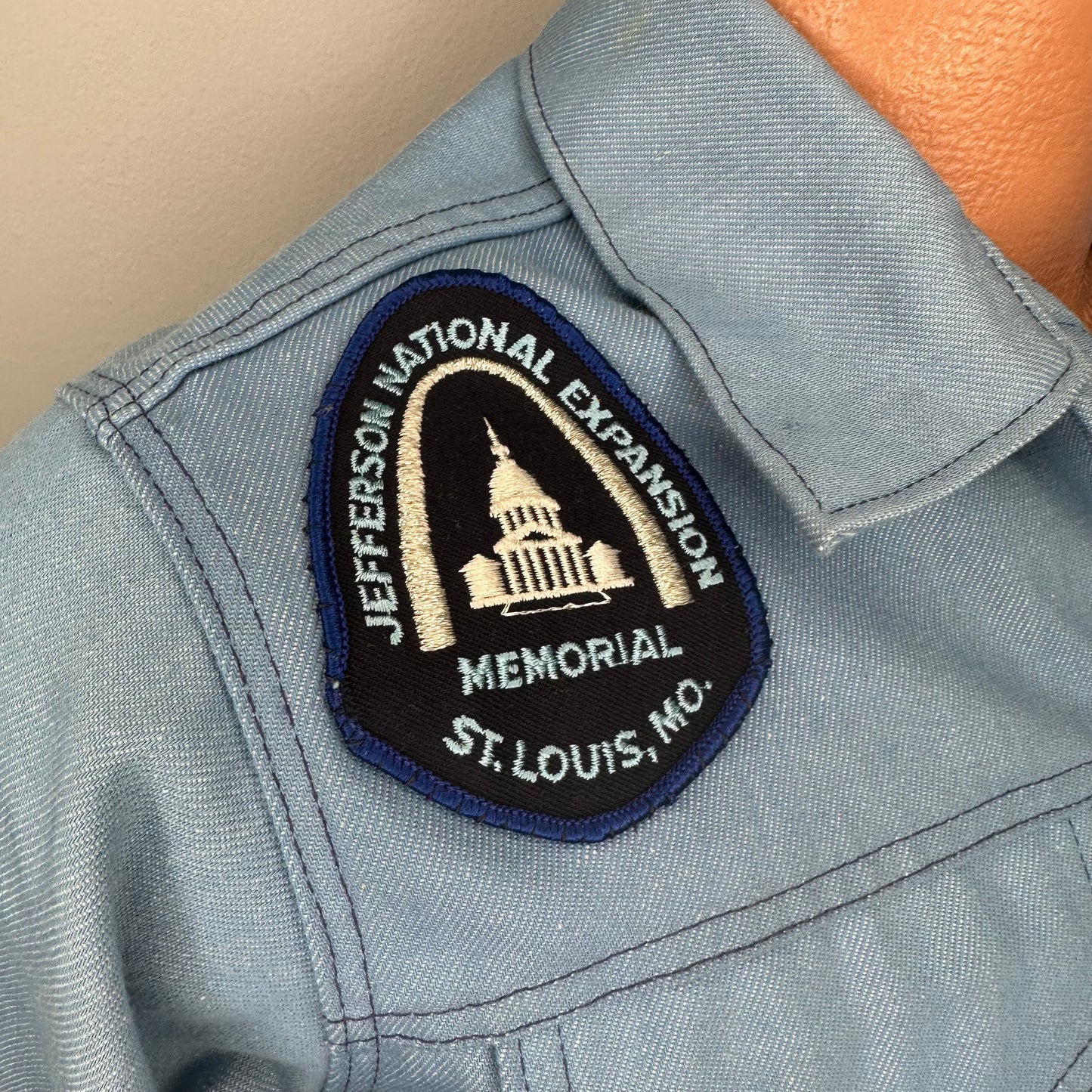 1970s Light Blue Denim Jacket with lots of added Patches, Youth XL/Adult S