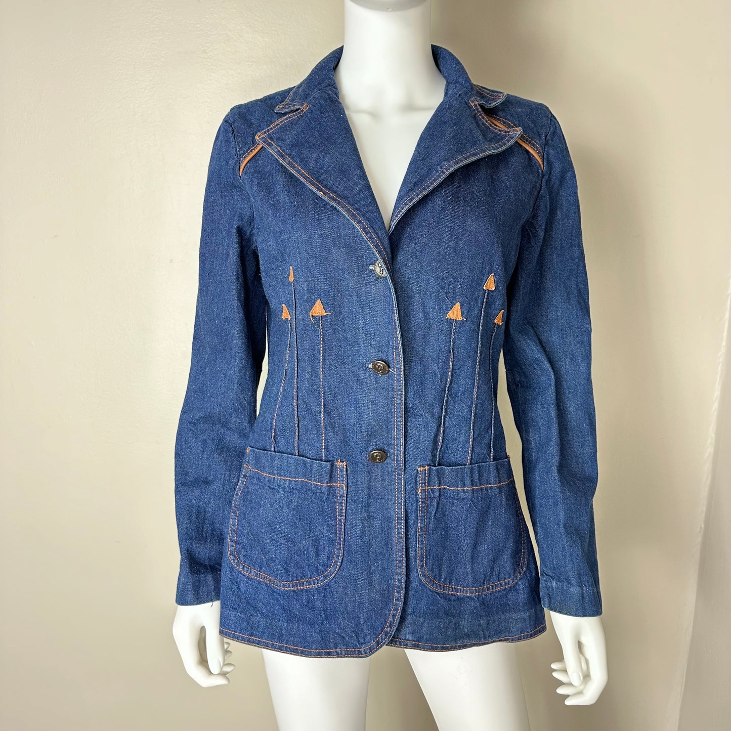 1970s Denim Blazer Jacket with Leather Trim, What’s in a Name? Size S-M