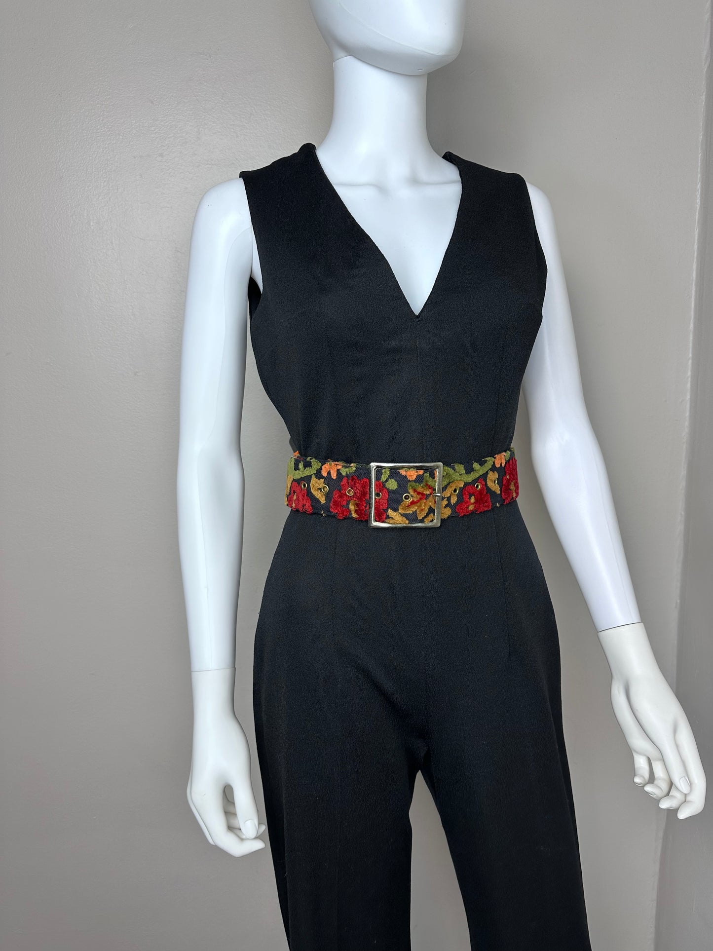 1970s Black Sleeveless V Neck Jumpsuit, Handmade Size Small