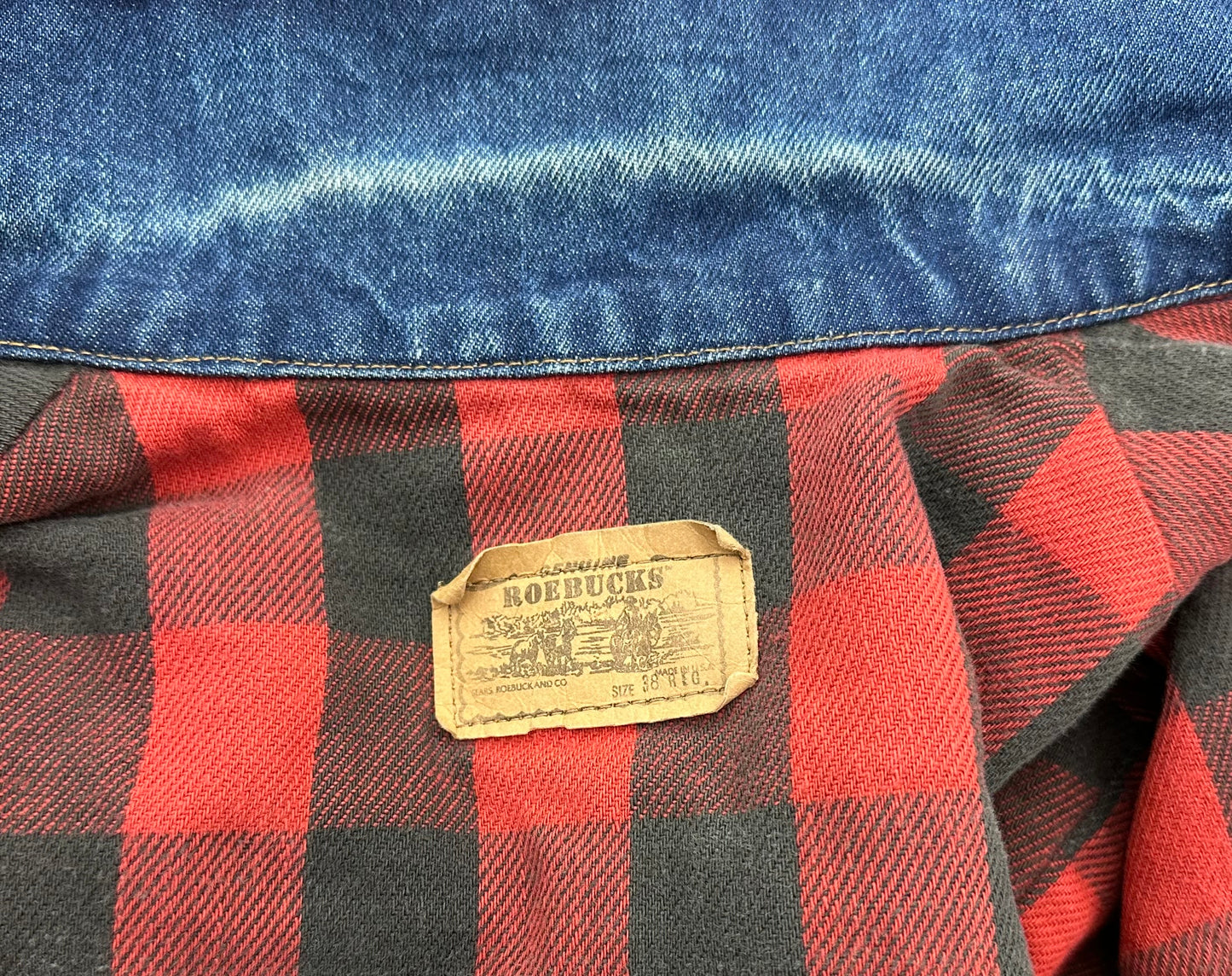 1980s Denim Jacket with Red and Black Plaid Lining, Roebucks Size Medium, Sears