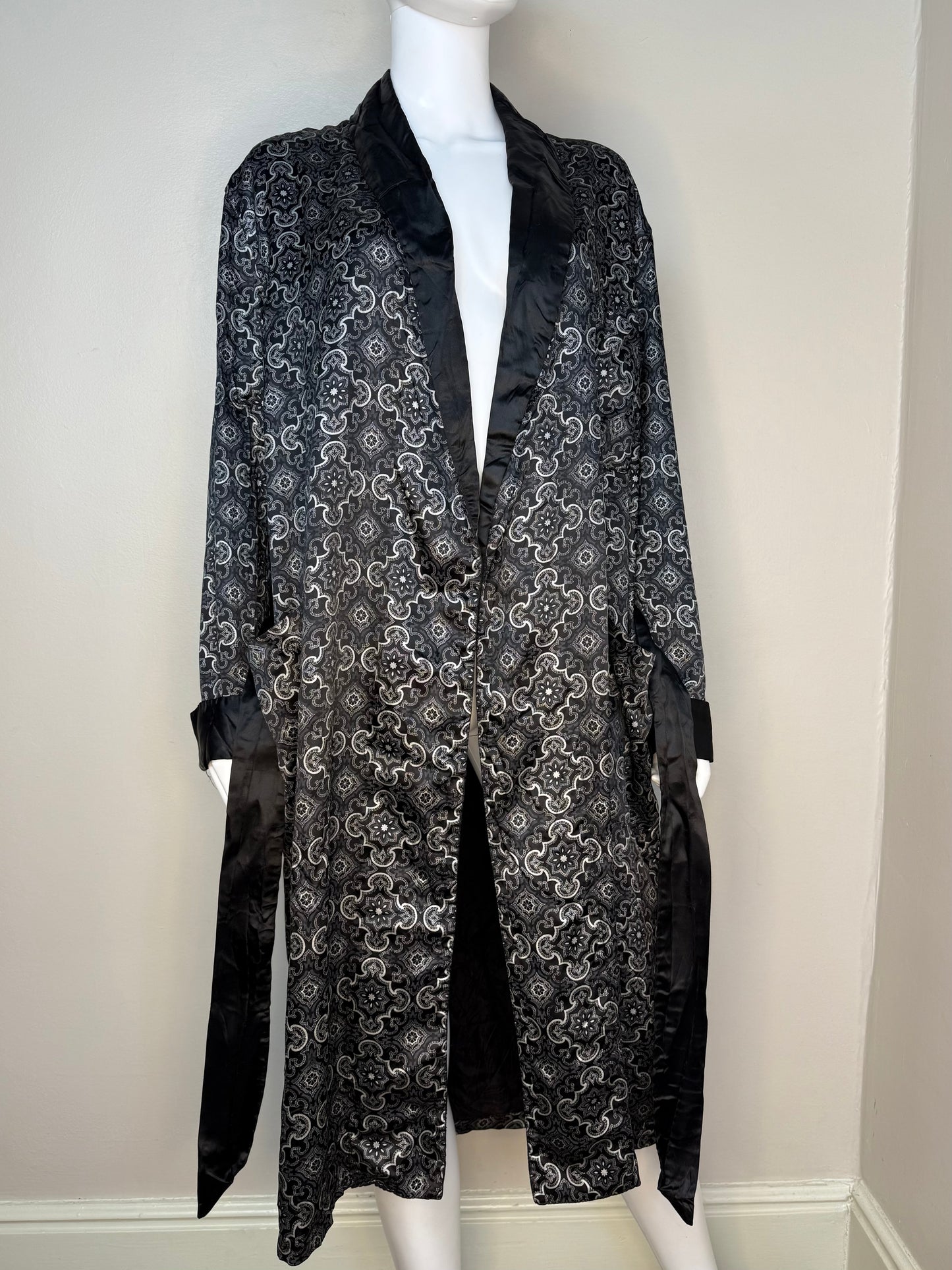 1960s Men’s Black Medallion Print Robe, Smoking Jacket, Sears Size Medium