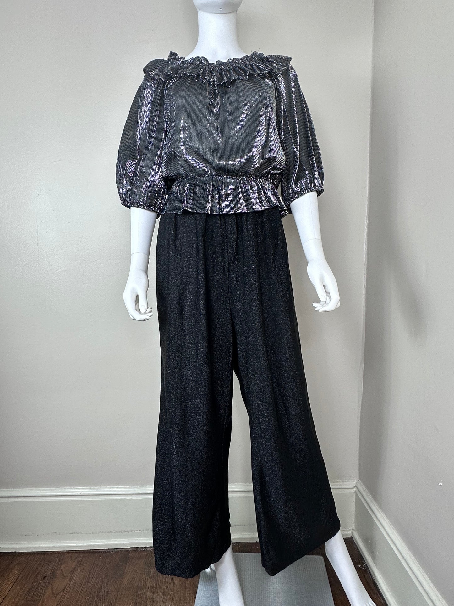 1970s Black and Silver Lurex Pants, Elastic Waist, Wide Leg Size M-XL