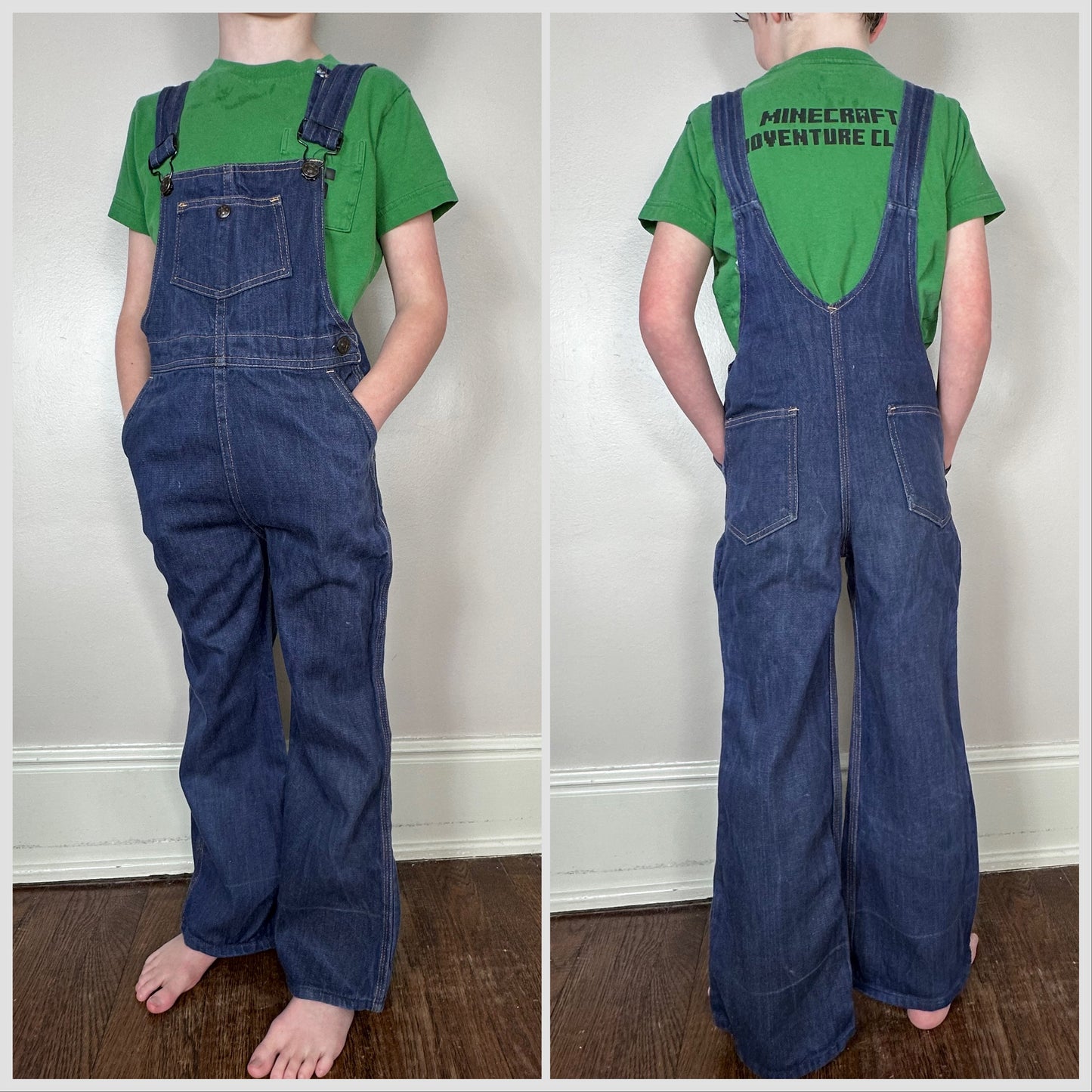 1970s Kids Denim Bell Bottom Overalls, Happiness is… Size 8