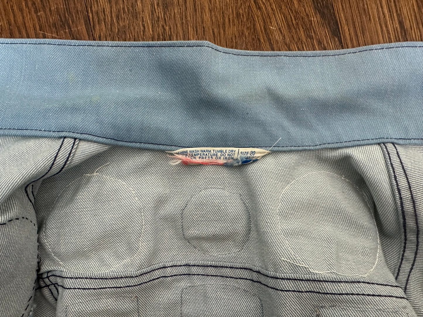 1970s Light Blue Denim Jacket with lots of added Patches, Youth XL/Adult S