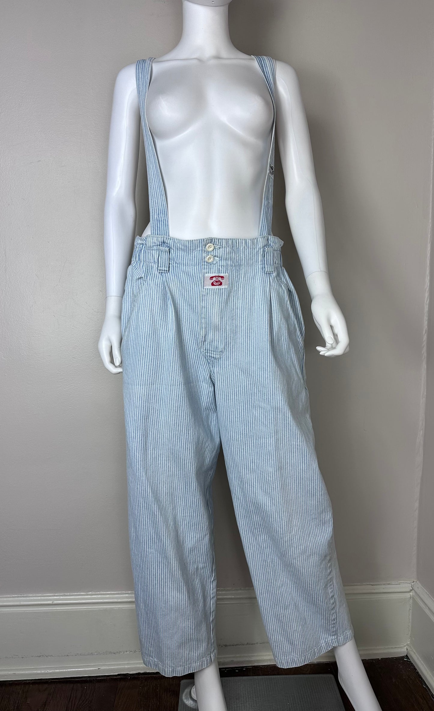 1980s Hickory Stripe Denim Suspender Jeans, Local Heroes Size Medium/Large, 31"x25"