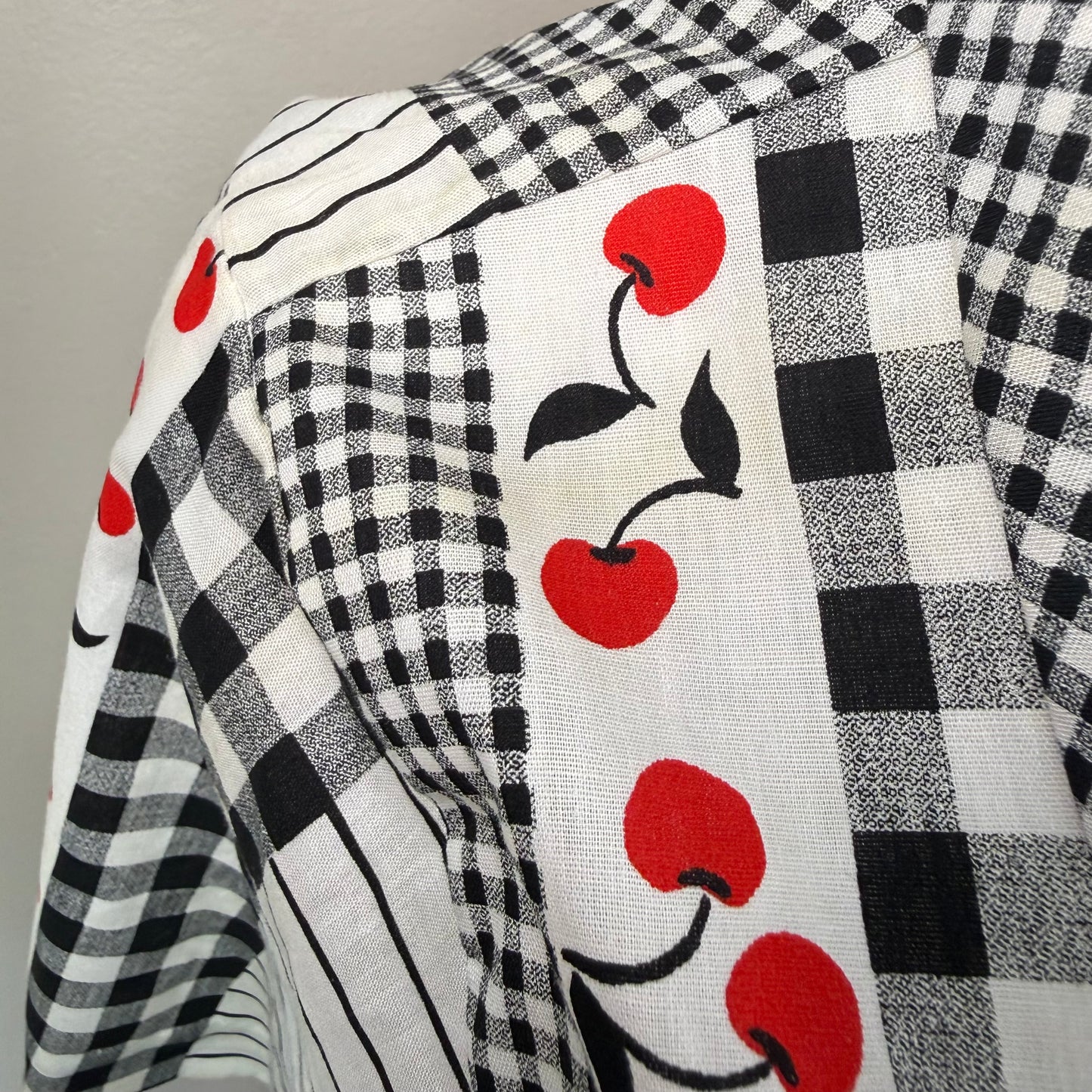 1980s Cherry Print Blouse with Tie at Neck, Lady Diplomat Size Large, Deadstock New With Tags, 80s does 50s