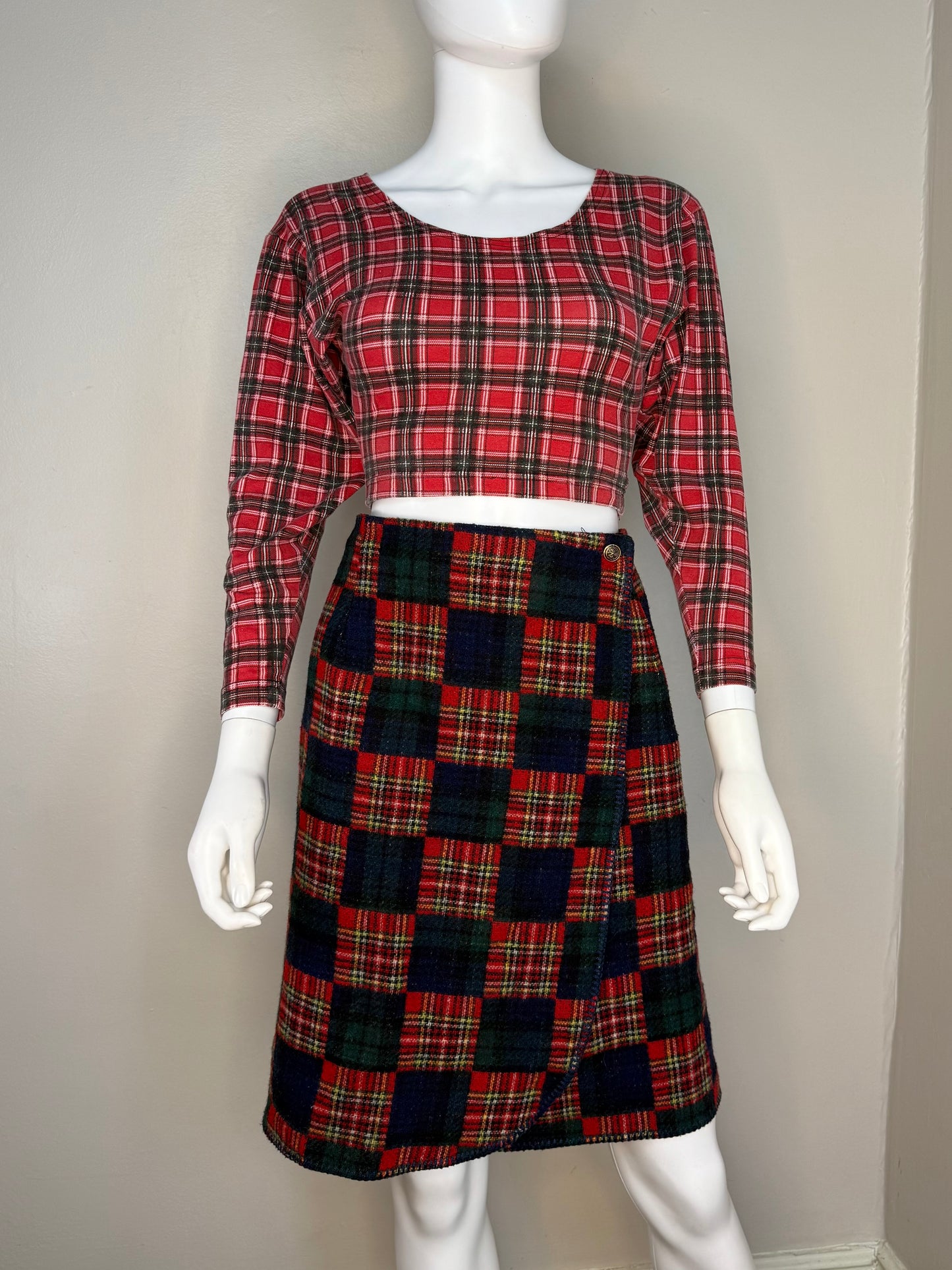 Vintage 1990s Plaid Wrap Skirt, Eleanor Colton Size Medium, Wool Blend