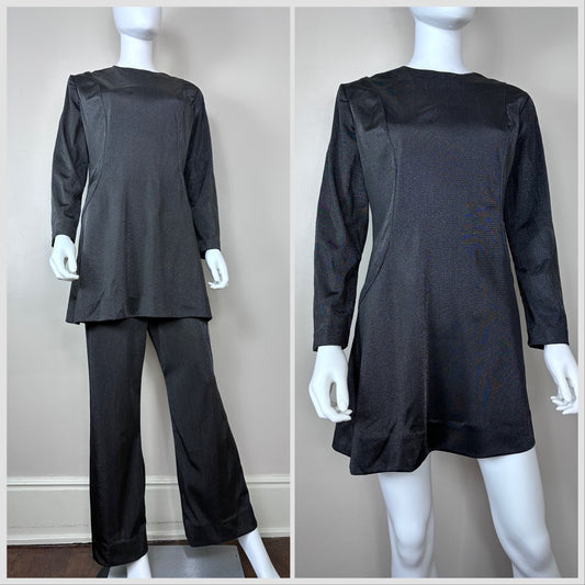 1960s Black Sparkle Micro Mini Dress and Pants Set, Handmade Size Medium