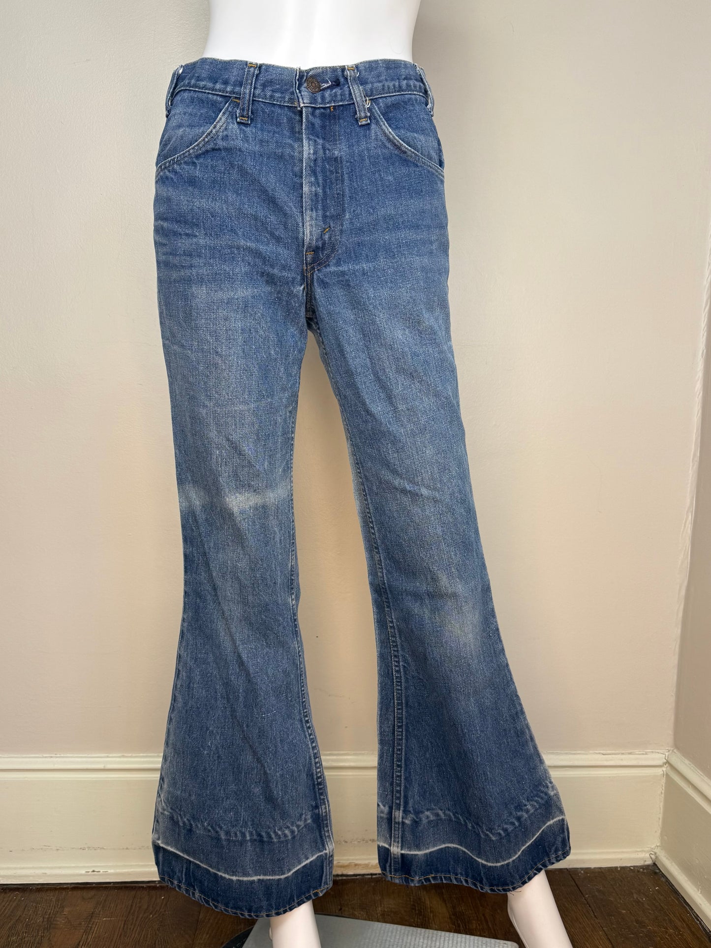 1970s Levi’s 684 Bellbottom Blue Jeans, 29"x31", Orange Tab