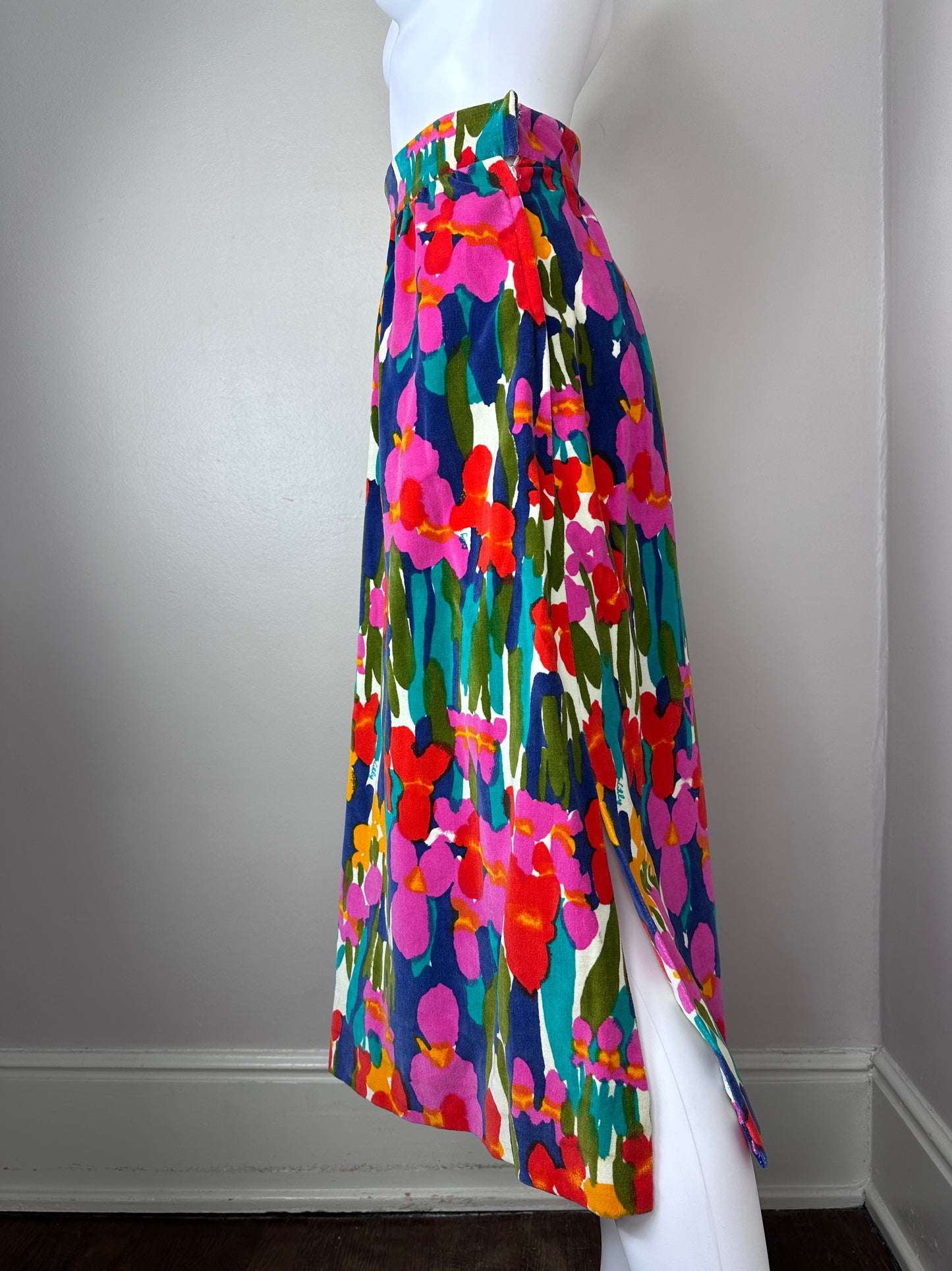 1960s The Lilly Bright Floral Velvet Midi Skirt, Lilly Pulitzer Size XS