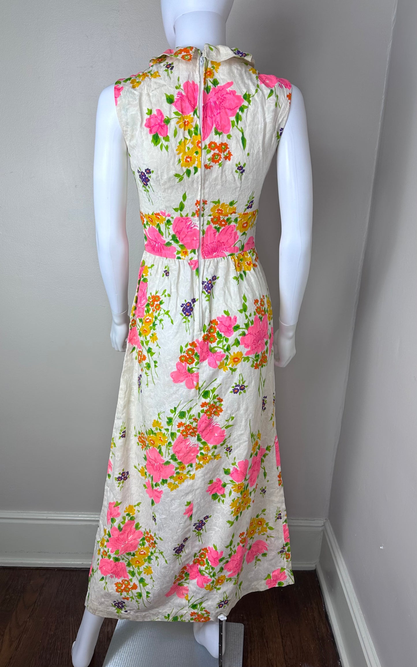 1960s Neon Pink Floral Maxi Dress, Size XS