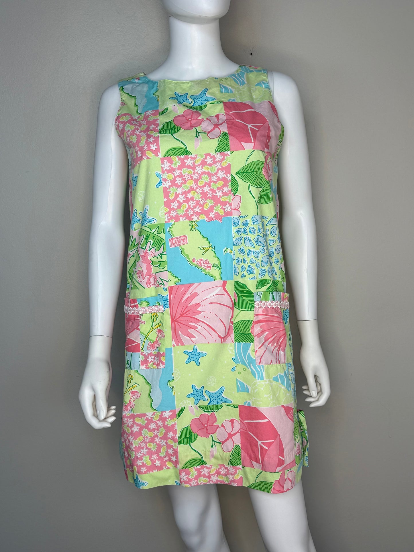 Y2K Lilly Pulitzer Patchwork Print Shift Dress, White Label, Size 4, Small, Florida Floral