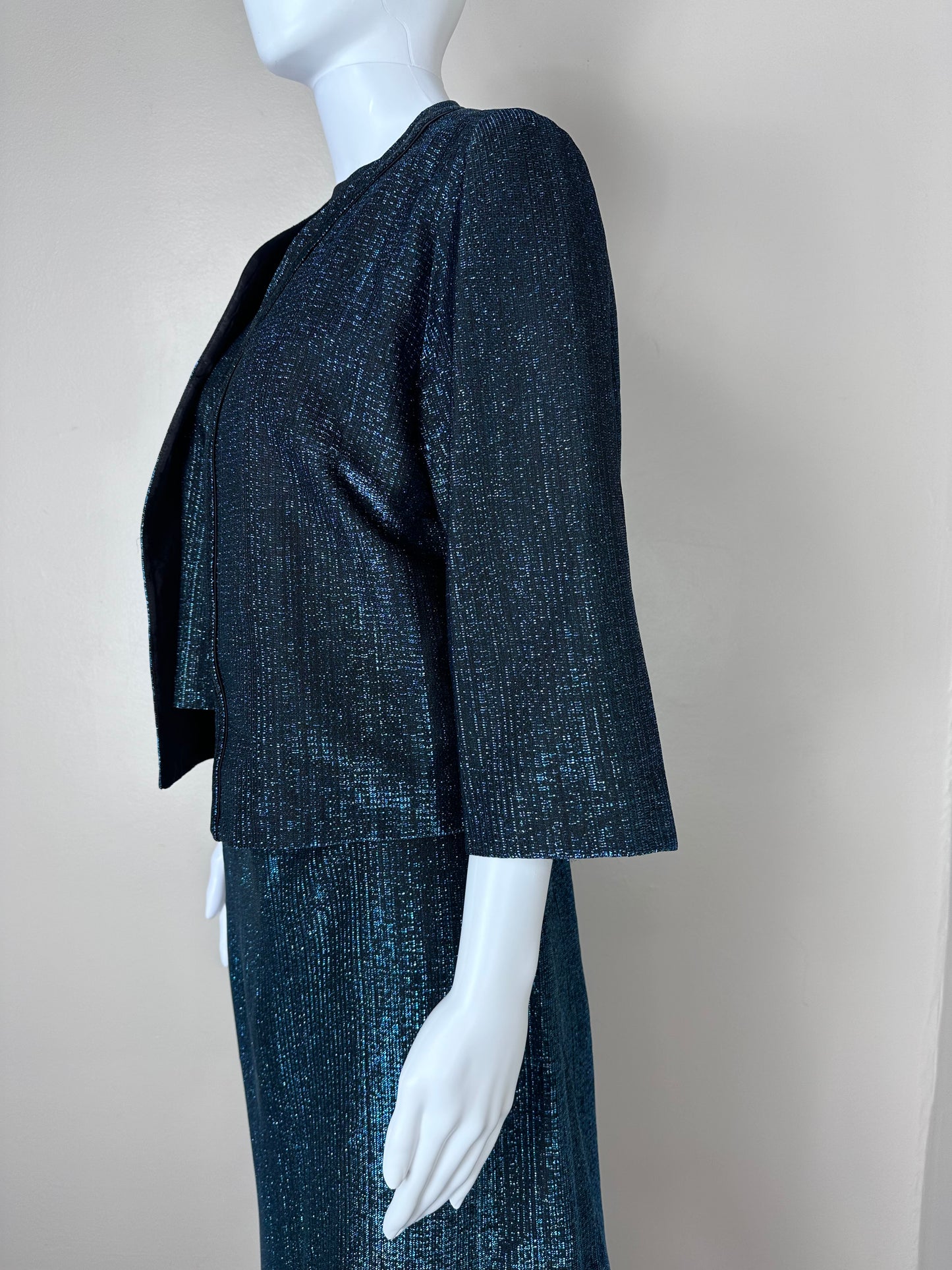 1960s Blue Lurex Suit, Size Medium-Large, 3 Piece Set, Top, Skirt, Jacket