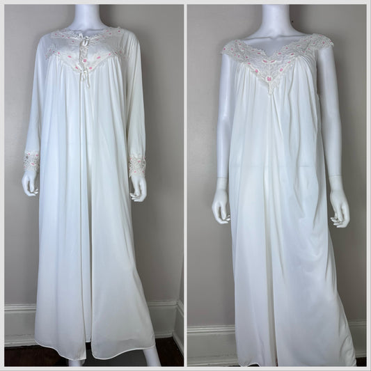 1960s/70s White Nylon Peignoir Set with Pink and White Floral Lace, Perfectform Size XL, Nightgown and Robe, Bell Sleeves