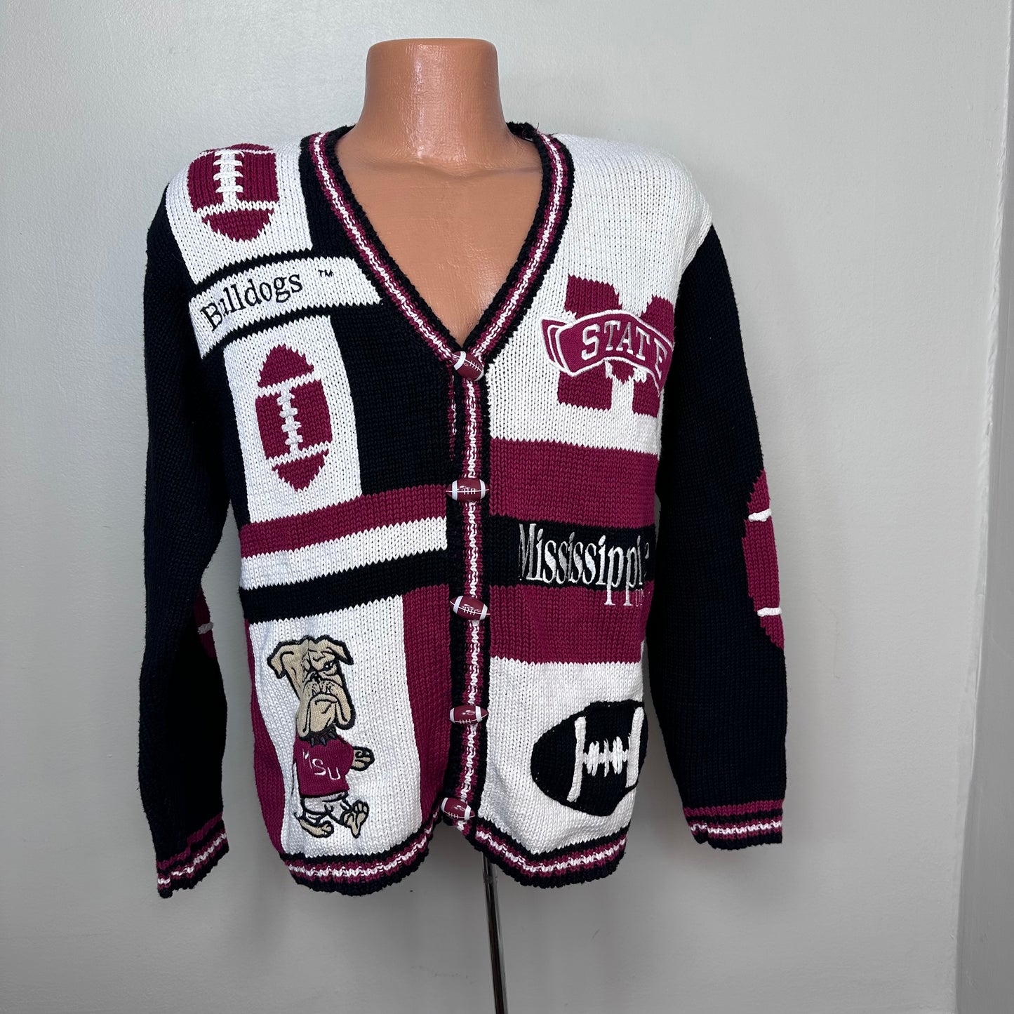 1990s/Y2K Mississippi State University Football Cardigan Sweater, Birch Bros Size Large, MSU Bulldogs