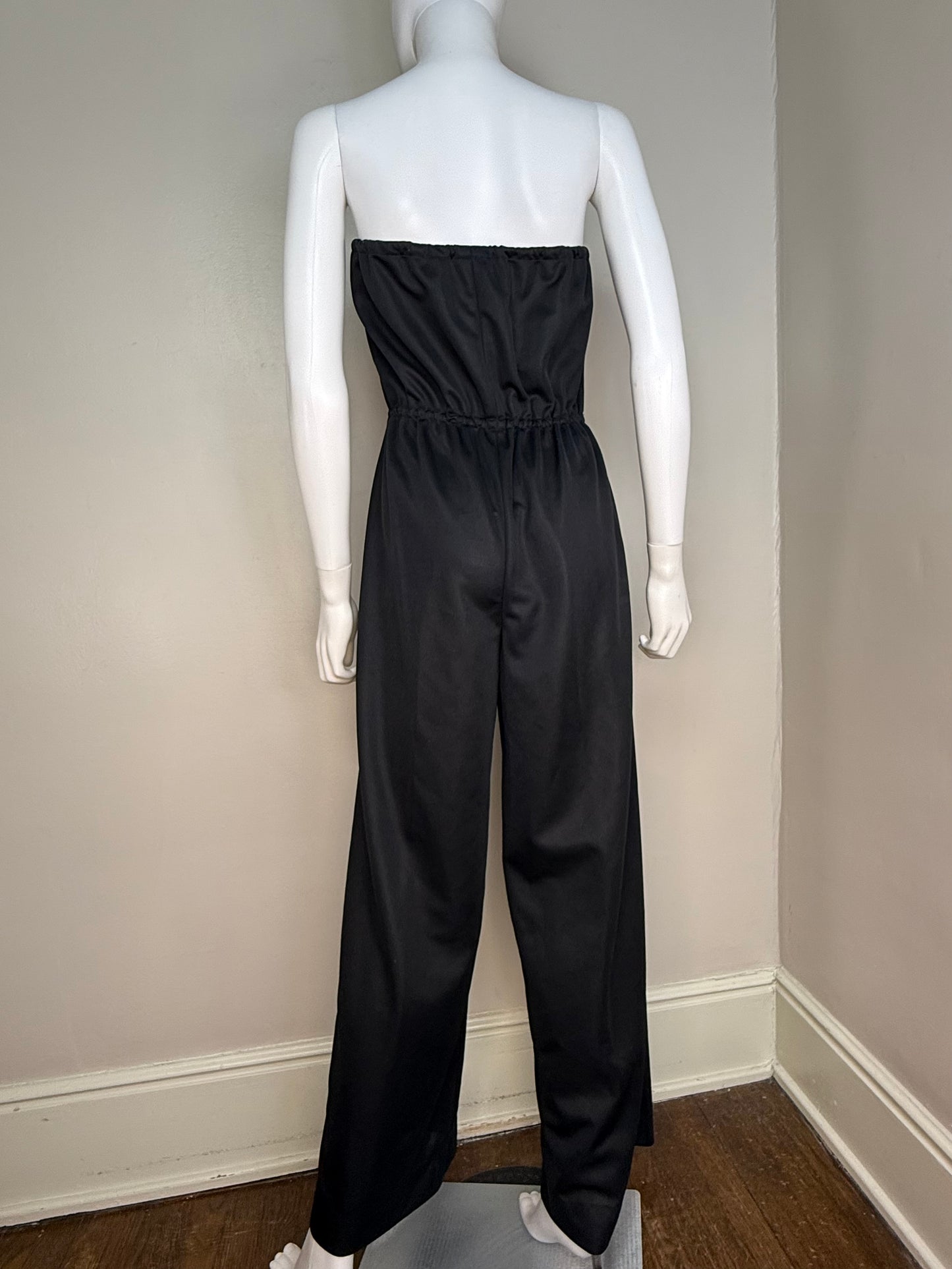 1970s Black Strapless Jumpsuit, Handmade Size Small/Medium