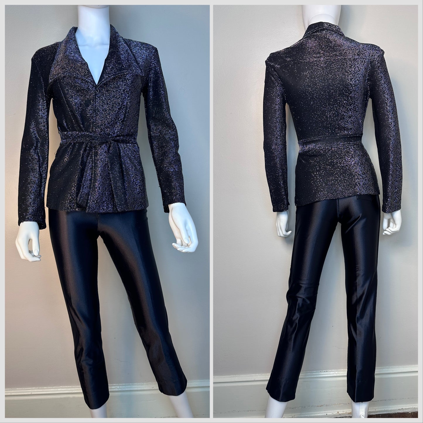 1970s Black and Silver Sparkle Disco Blouse, Size XS, Wrap, Belted, Arbor Lane