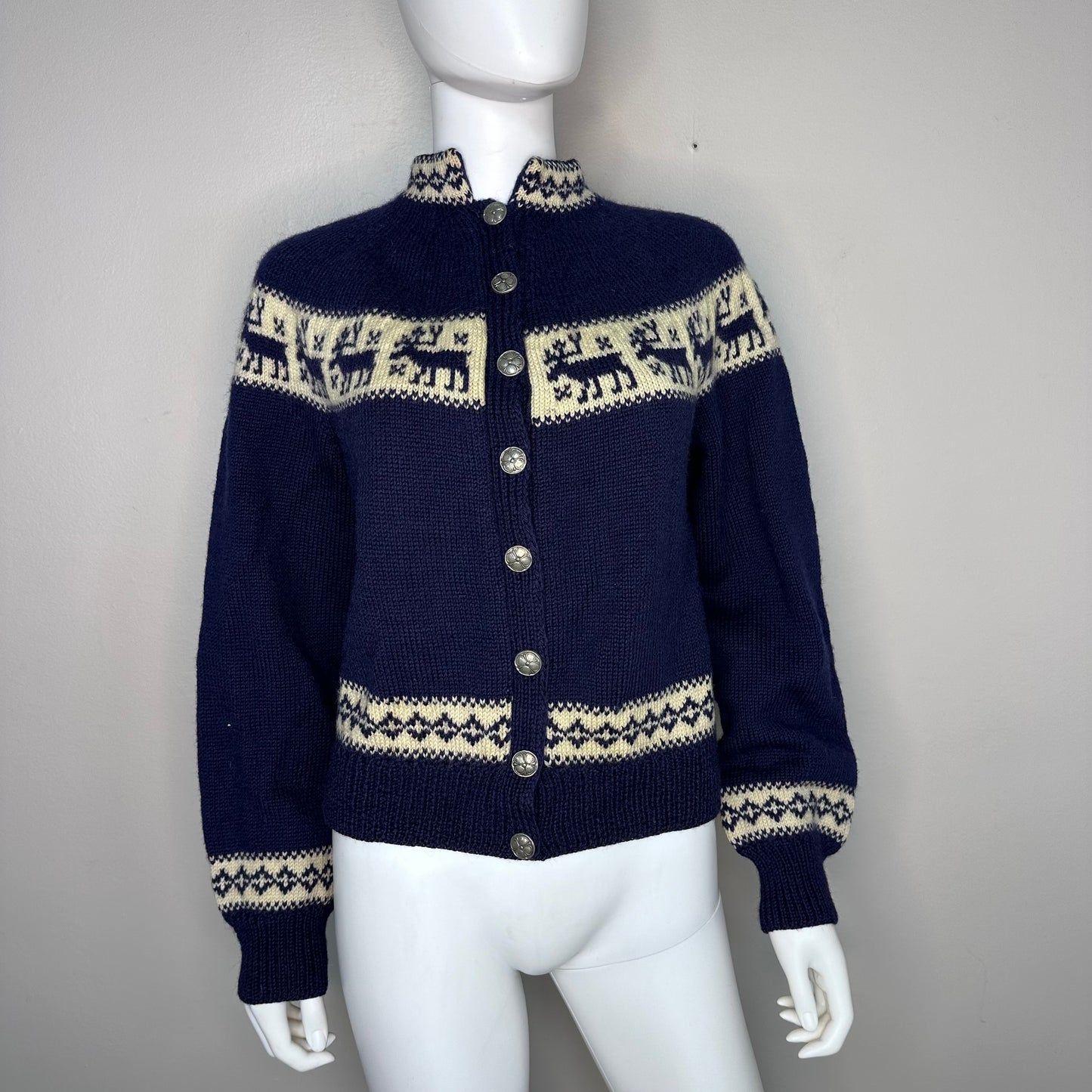 1940s/50s Norwegian Reindeer Cardigan Sweater, Handmade in Norway, Size Small-Medium