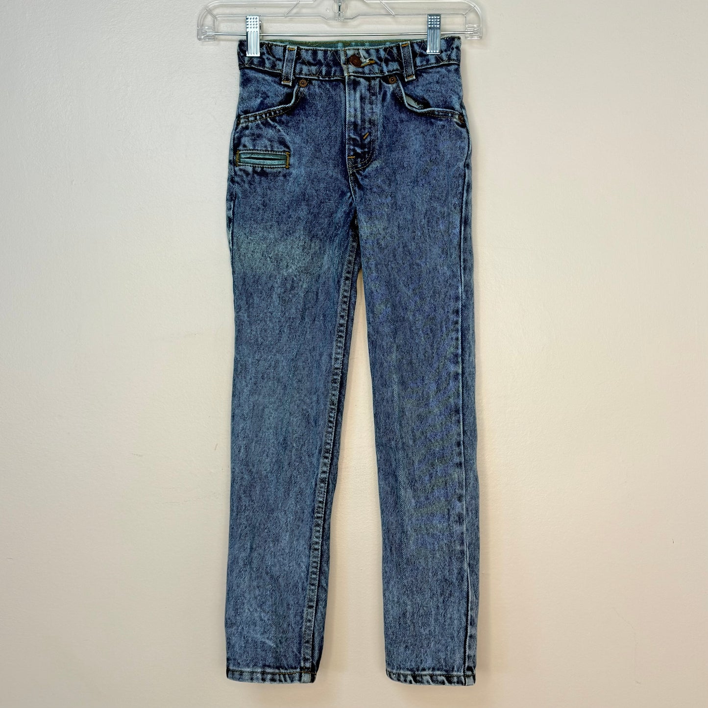 1980s Stone Wash Blue Jeans with Green Denim Accents, Levi’s Size 8, White Tab