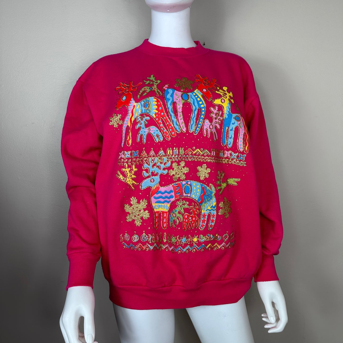 1980s/90s Pink Reindeer Sweatshirt, Glitter Print, Movement Size L/XL