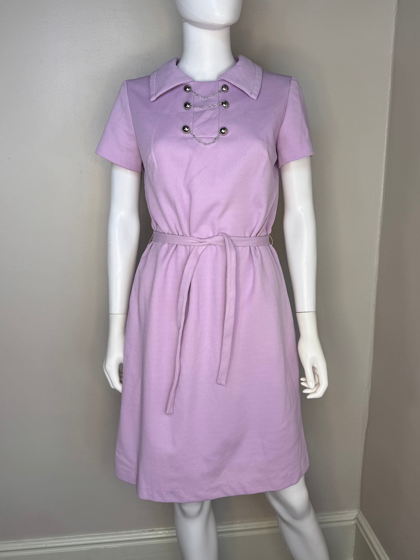 1970s Lavender Mod Dress, Jeanne Size Medium, Double Knit Polyester