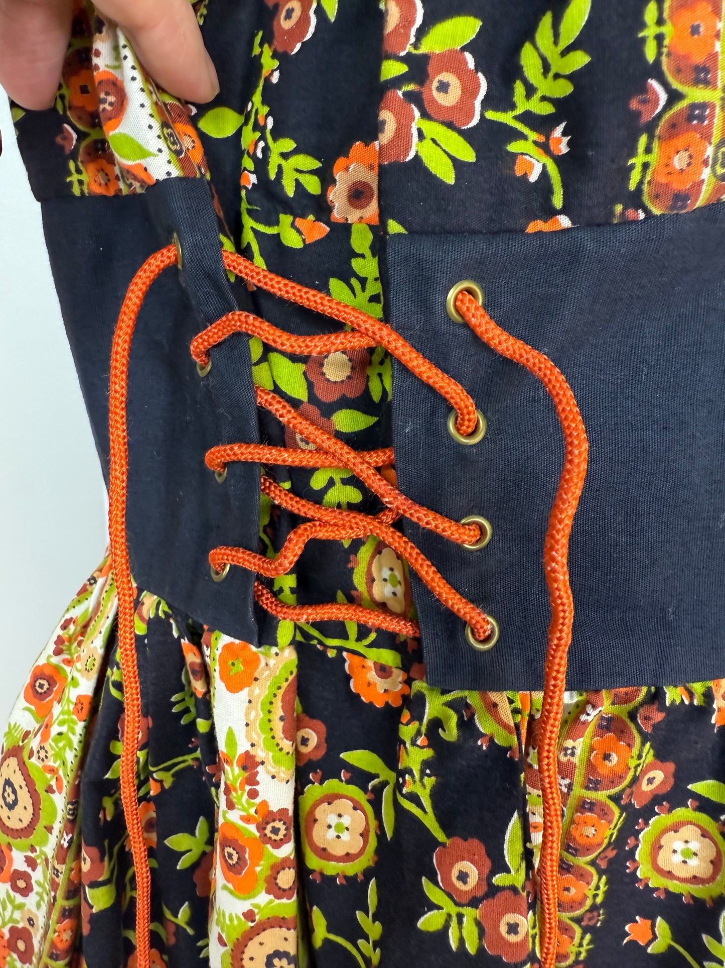 1960s Black and Orange Floral Peasant Dress with Corset Waist, Carol Brent Size Small-Medium, Montgomery Ward