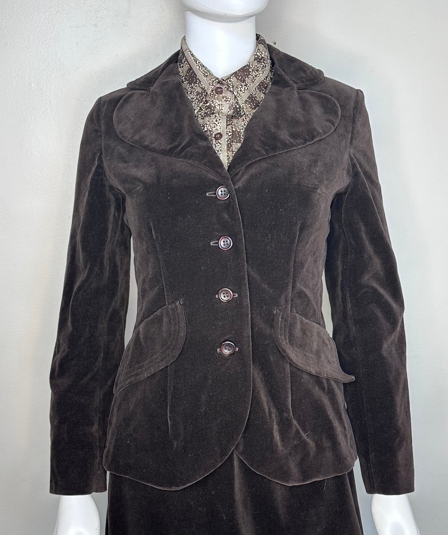 1970s Brown Velvet Suit, Blazer and Maxi Skirt, The Villager Size XS
