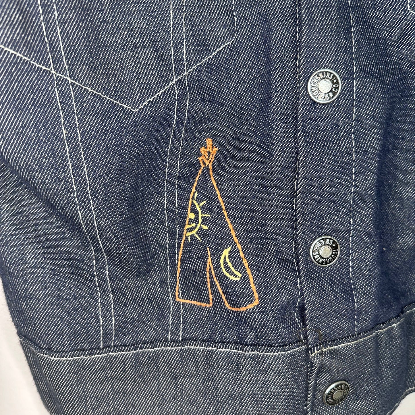 1970s Kids Blue Jean Jacket with Hand Stitched Embroidery, Toughskins Denim, Sears Boys Size 8/9