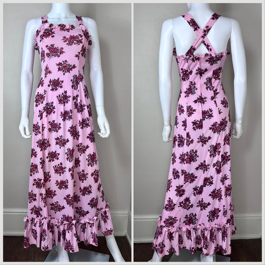 1970s Pink Floral Knit Maxi Dress, Mad Whirl Size XS