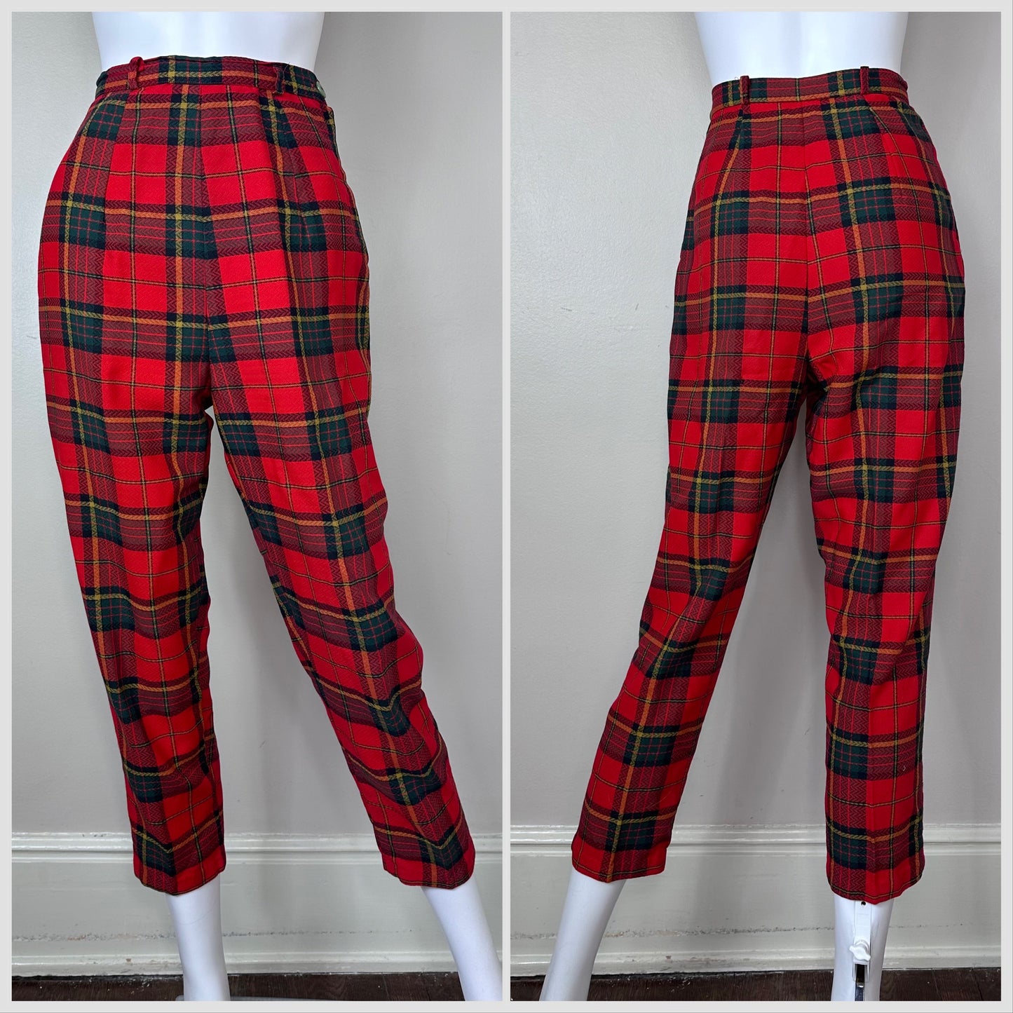 1950s/60s Cropped Red Plaid Pants, Side Zip Size XS, 24.5"x25"