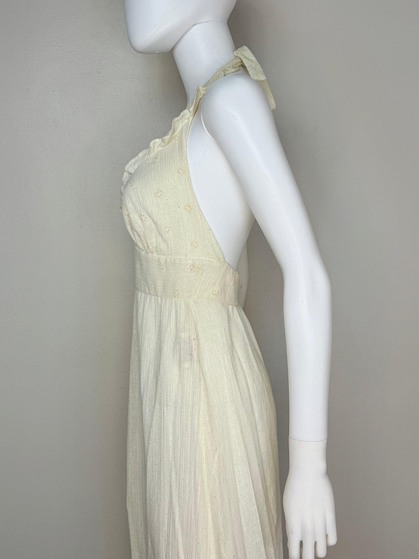 1970s Cream Gauze Halter Maxi Dress, Daffy California Size S/M, Casual Corner, New with Tag