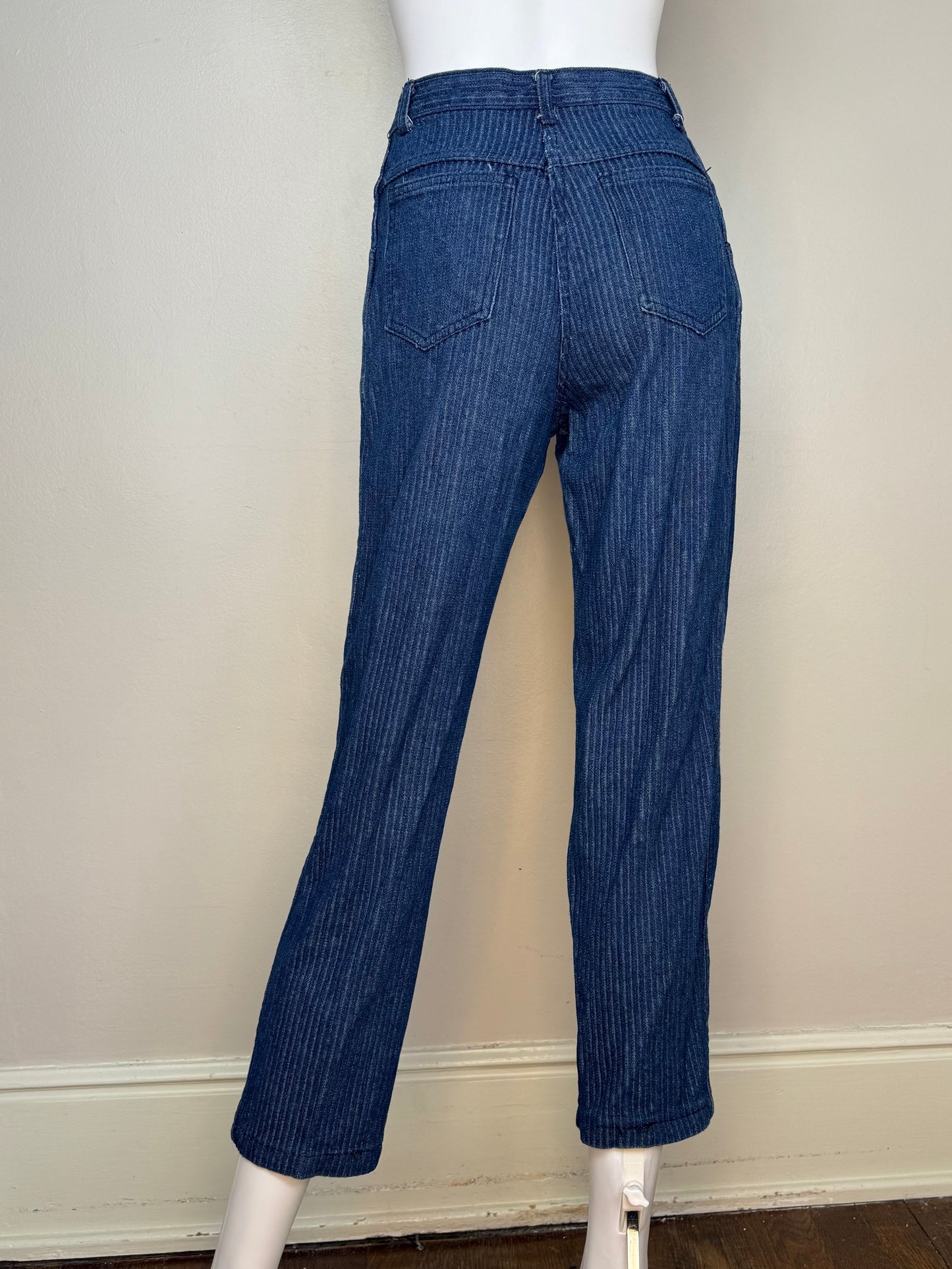 1970s Ribbed Dark Denim Pleated Blue Jeans, Sears Jr Bazaar, 25"x27", High Rise Tapered Leg
