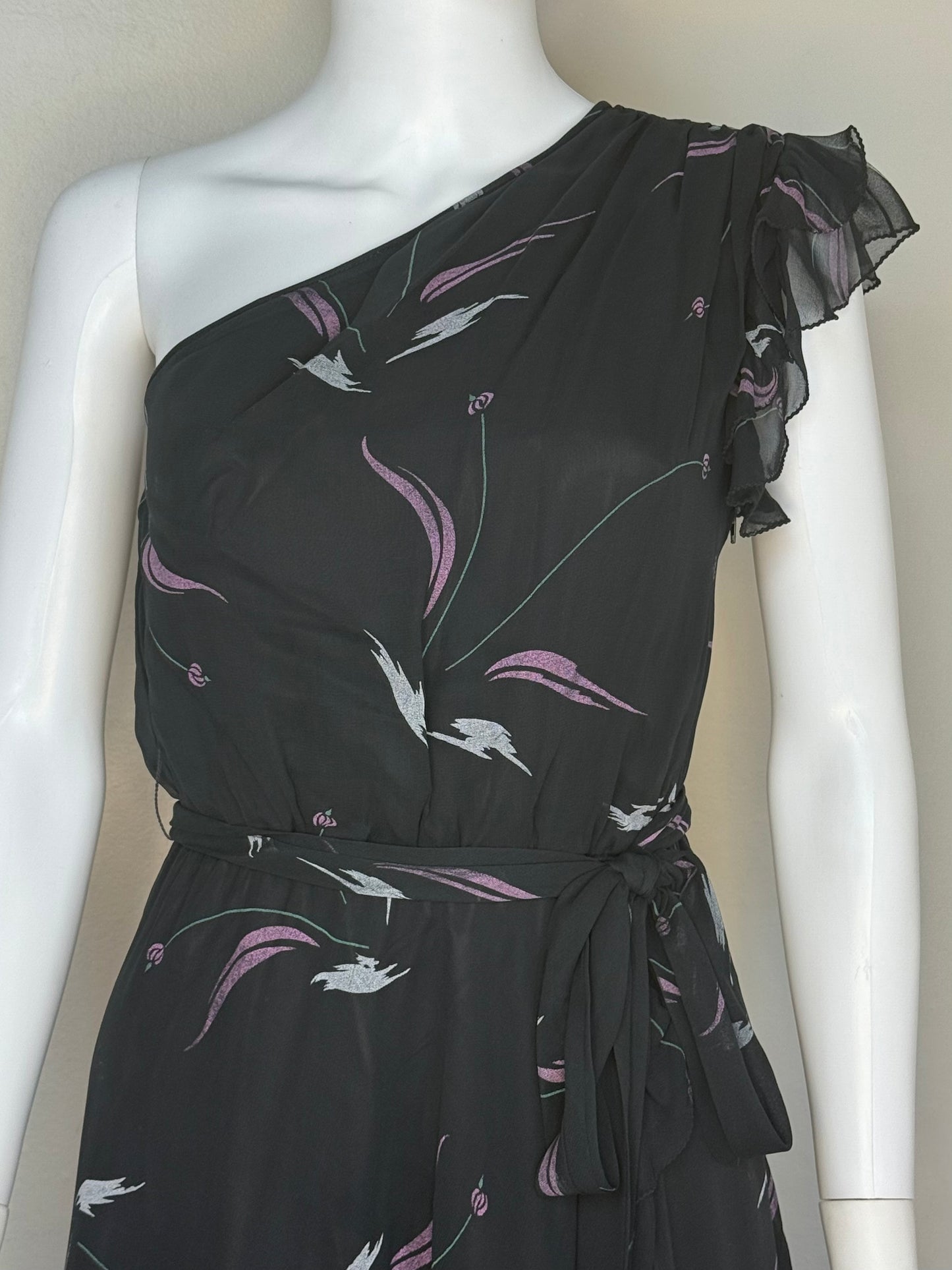 1970s/80s Sheer Black Abstract Floral Asymmetrical One Shoulder Dress, Inner Circle Inc Size Small