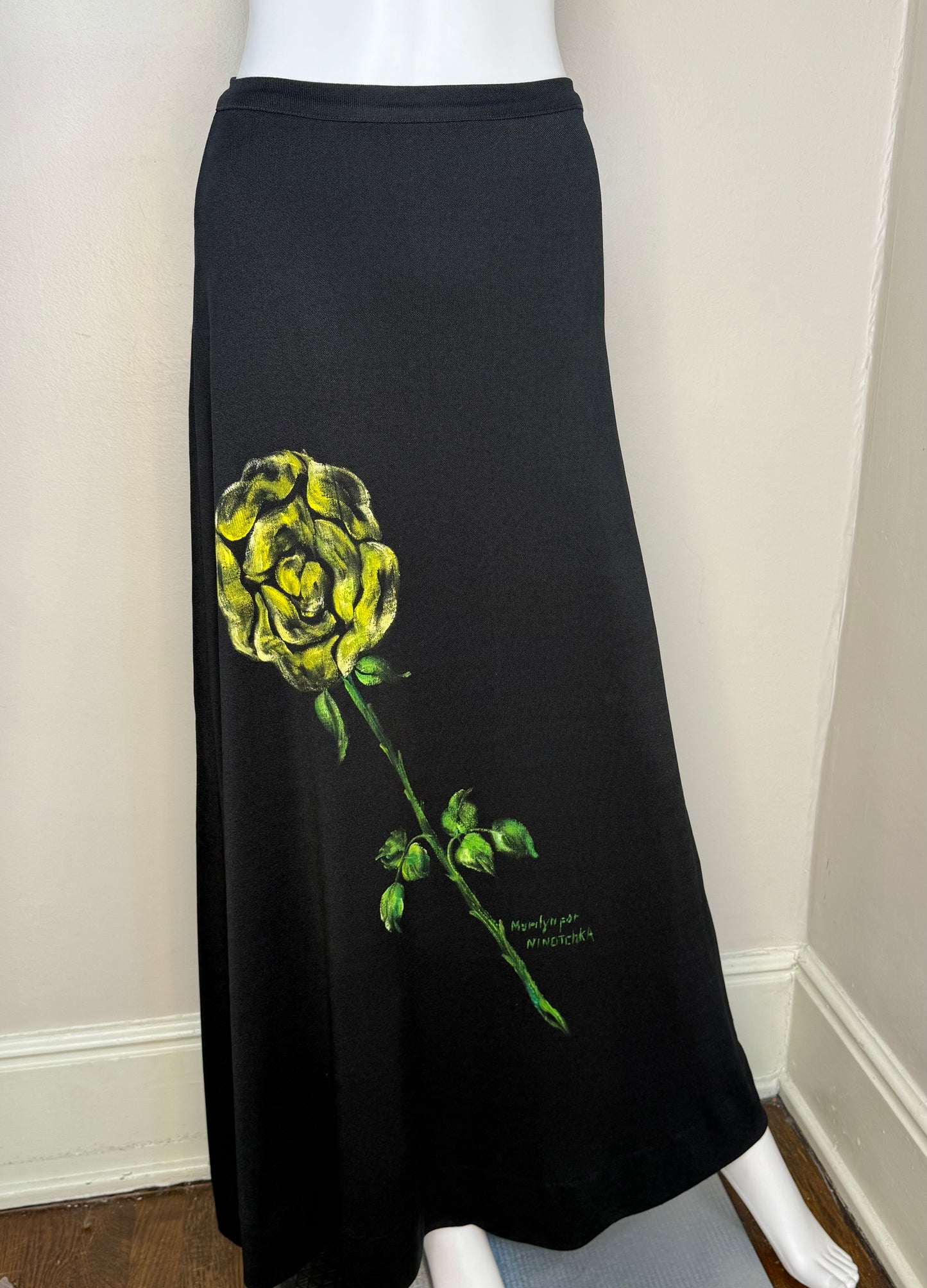 1970s Hand Painted Black Knitwear Set, Marilyn for Ninotchka Size Small, Sakowitz, Yellow Rose, Turtleneck Sweater, Maxi Skirt