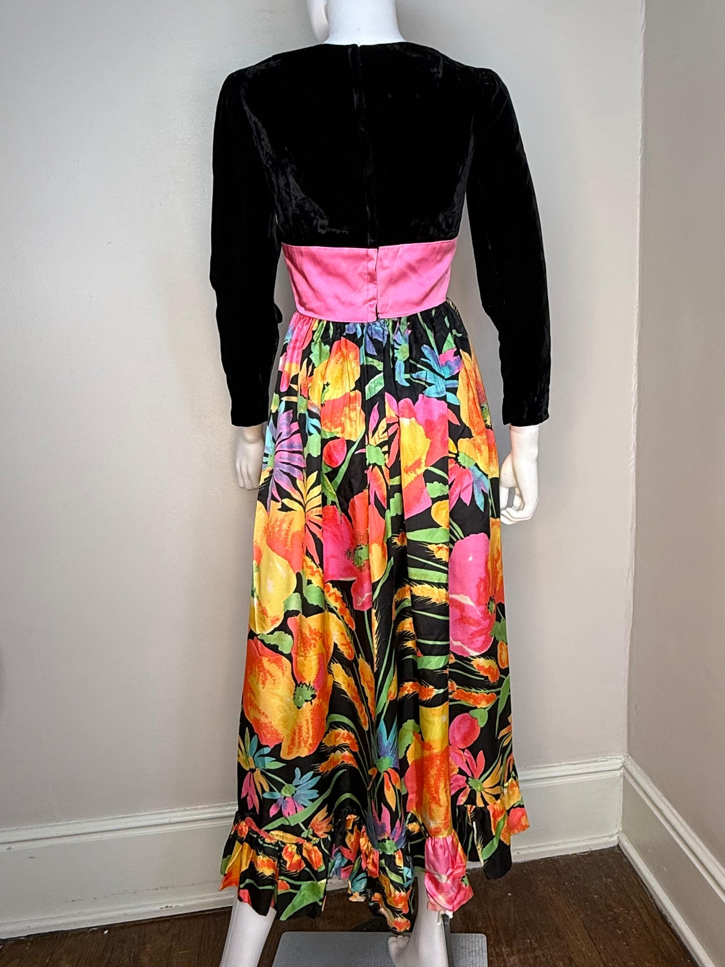 1970s Bright Psychedelic Floral Dress with Pink Corset Waist, Black Velvet Bodice, Size X-Small