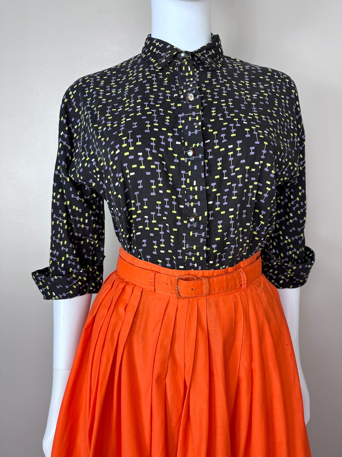 1950s Black Atomic Print Blouse, Size Medium