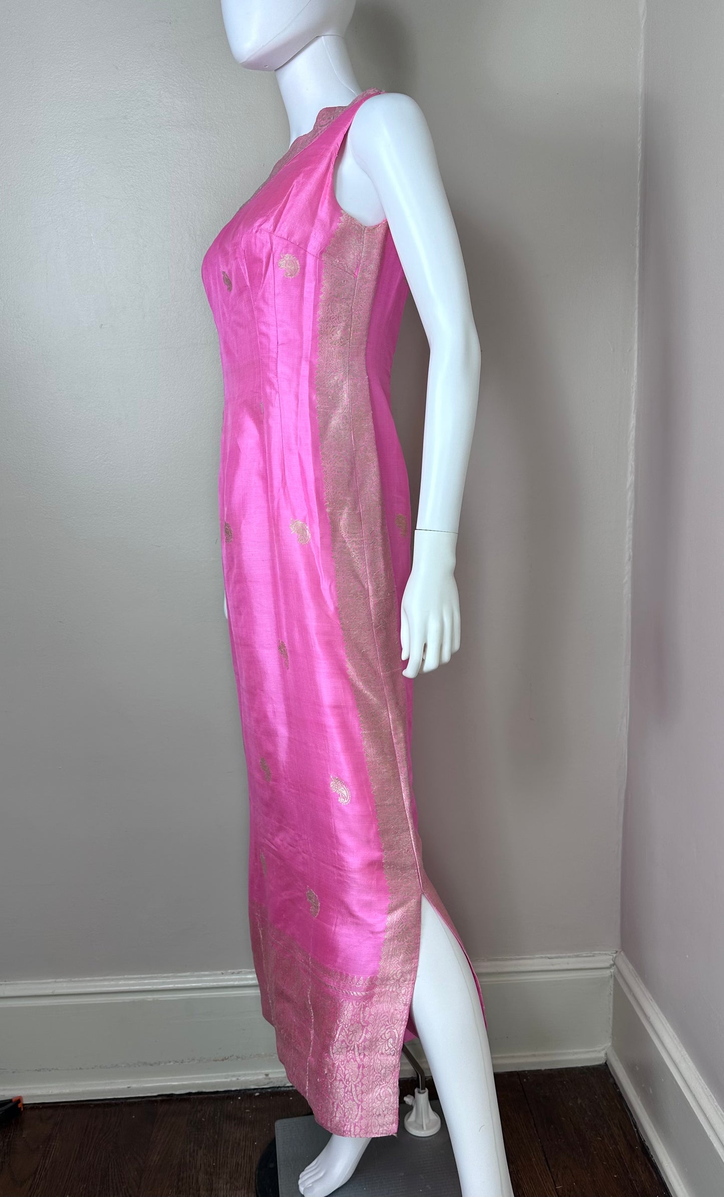 1960s Pink Indian Sari Inspired Evening Gown Maxi Dress, Size X-Small
