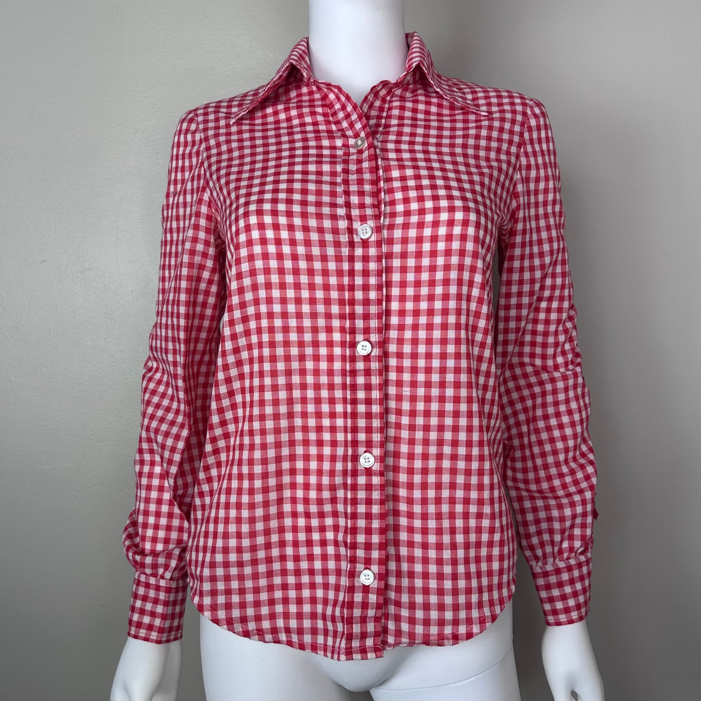 1970s Red Gingham Check Blouse with Fringe, Size Small, Western Shirt
