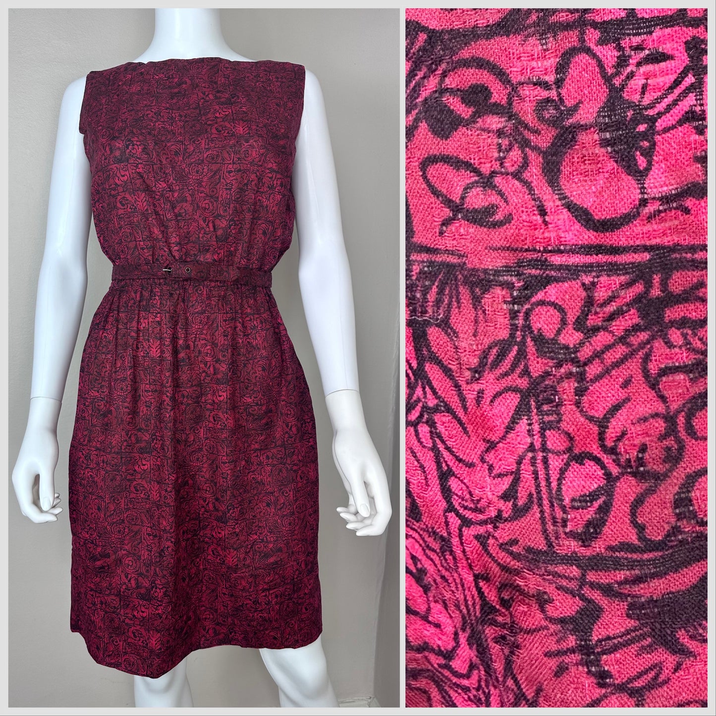 1960s Raspberry Scribble Print Sleeveless Dress, Handmade Size S-M