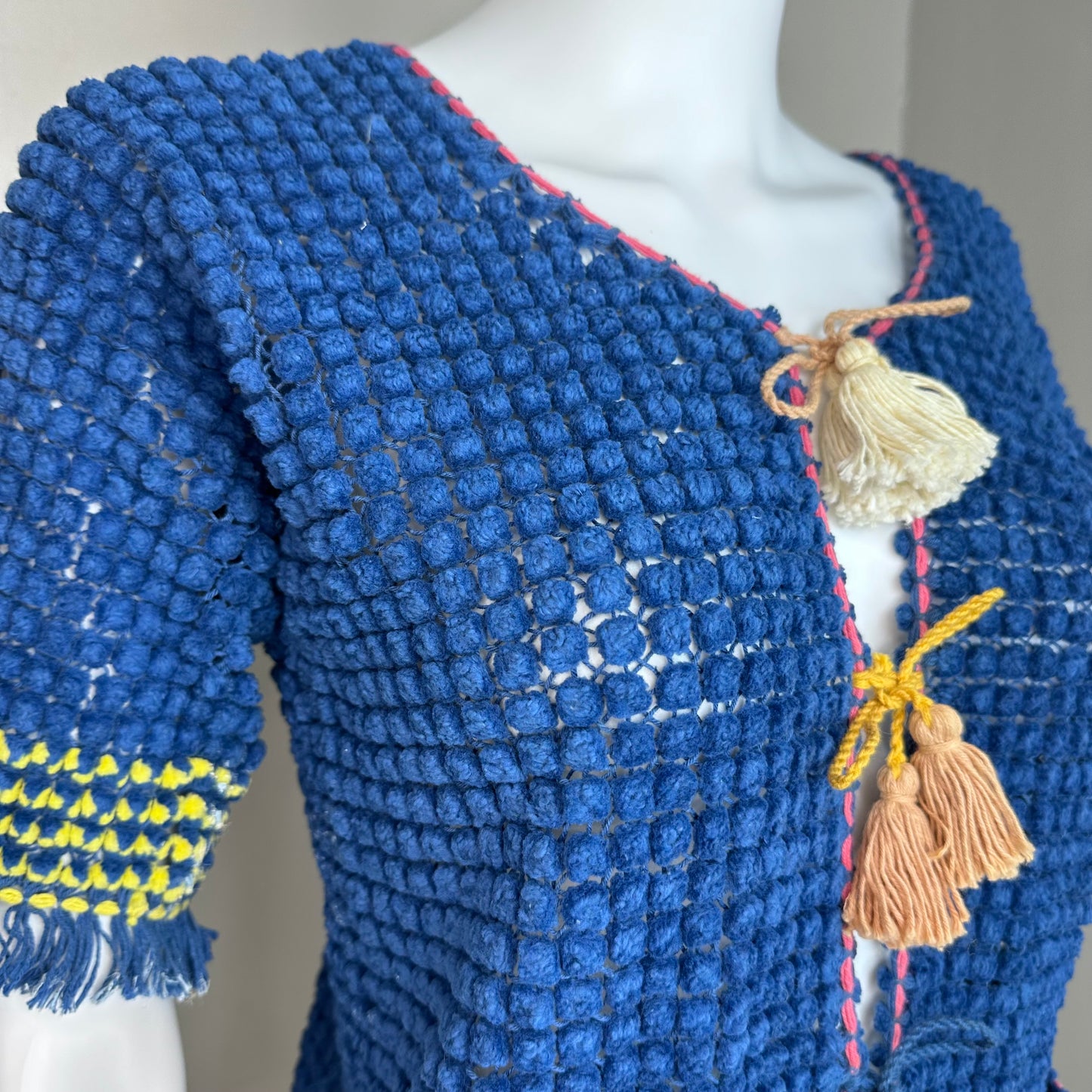 Vintage Handmade Pom Pom Cardigan with Fringe and Tassels, GENE, Size XS